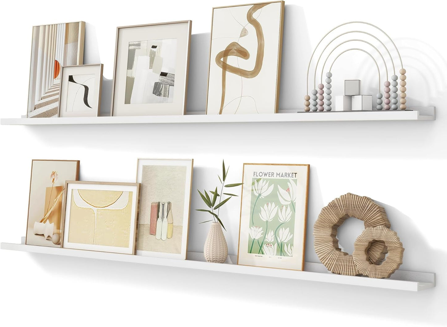 Picture Ledge Shelf, 72 inch Solid Ash Wood Floating Shelves Set of 2, Picture Ledge Ledge Wall Mounted for Living Room Kids' Room Bedroom, Color White