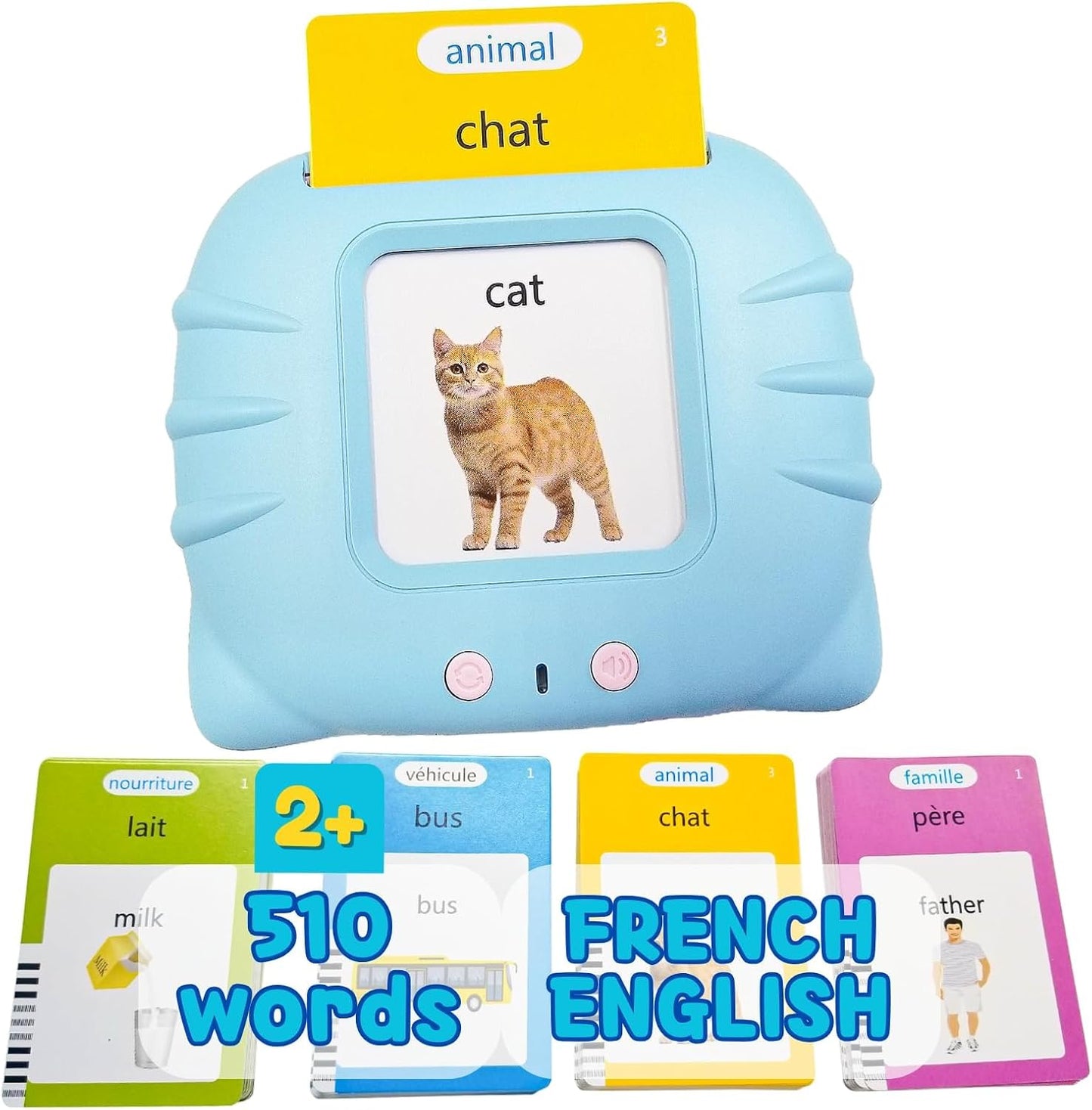 ZEENKIND French & English Talking Flash Cards with 510 Sight Words for Toddlers 3-6 Years Old, Learn French for Kids, Audible Pocket Speech Early Learning Bilingual Flashcard Toys, 255 Cards