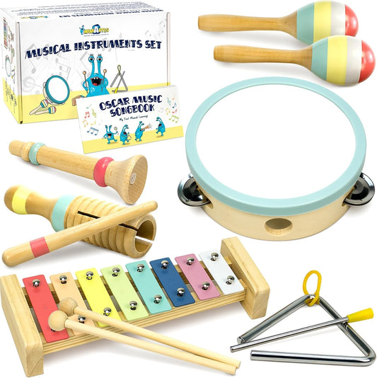 MINIARTIS Baby Musical Instruments Set - Montessori Musical Toys for Toddlers 1-3 | Modern Boho Kids Xylophone with Songbook | Neutral Colors Wooden Percussion Instruments | Preschool Educational 3+