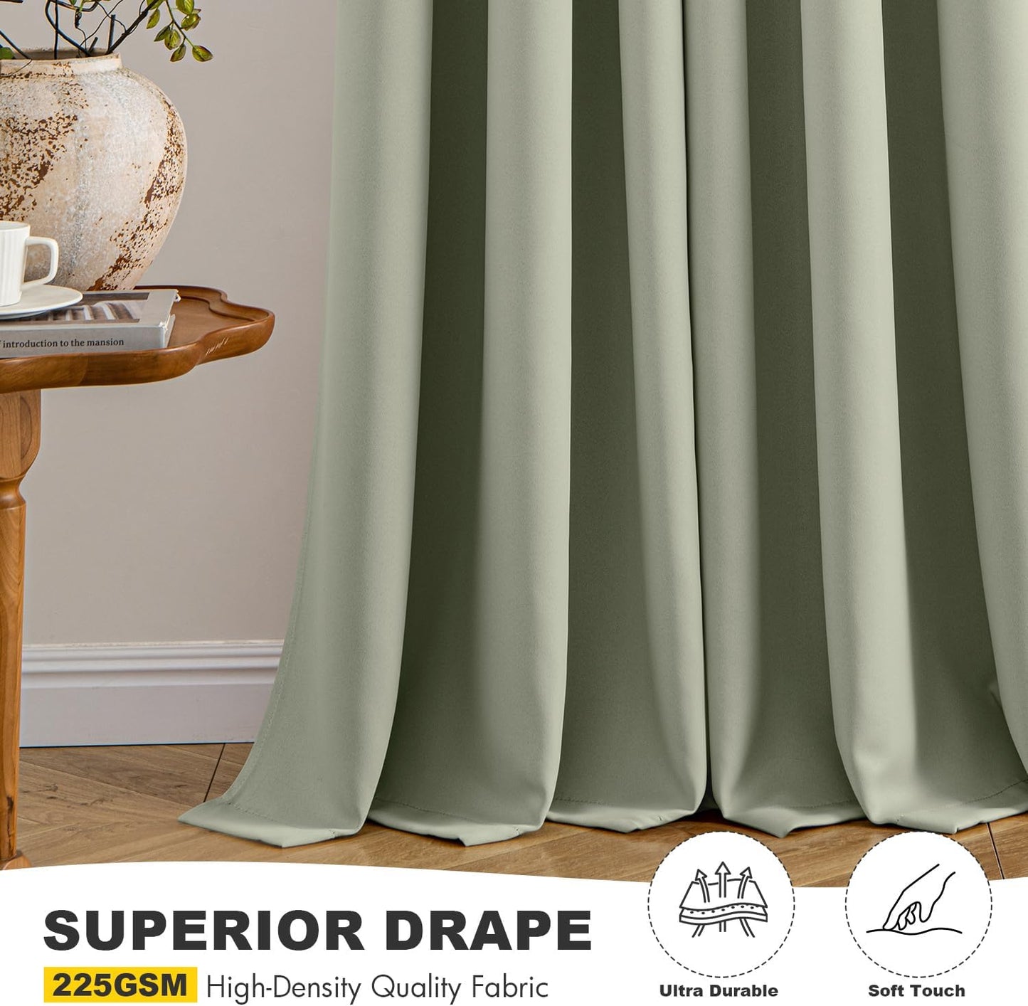MIULEE Sage Green Blackout Curtains for Bedroom Living Room 90 Inches Long 2 Panels, Thermal Insulated Room Darkening Drapes Solid Grommet Top Noise Reducing Light Green Window Treatments 40x90 Inch