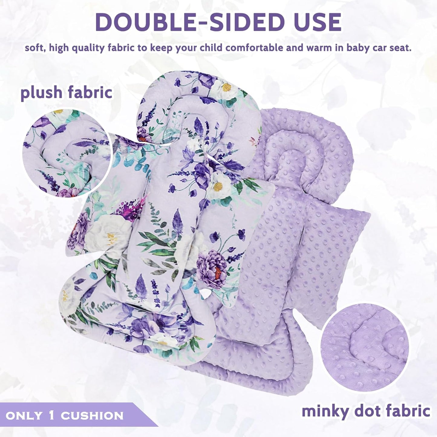 Infant Car Seat Insert and Strap Covers, Very Soft Car Seat Head Support Baby Girl Boy, Reversible Newborn Carseat Insert Cushion Fits for Stroller, Baby Swing, Bouncer (Purple Floral)