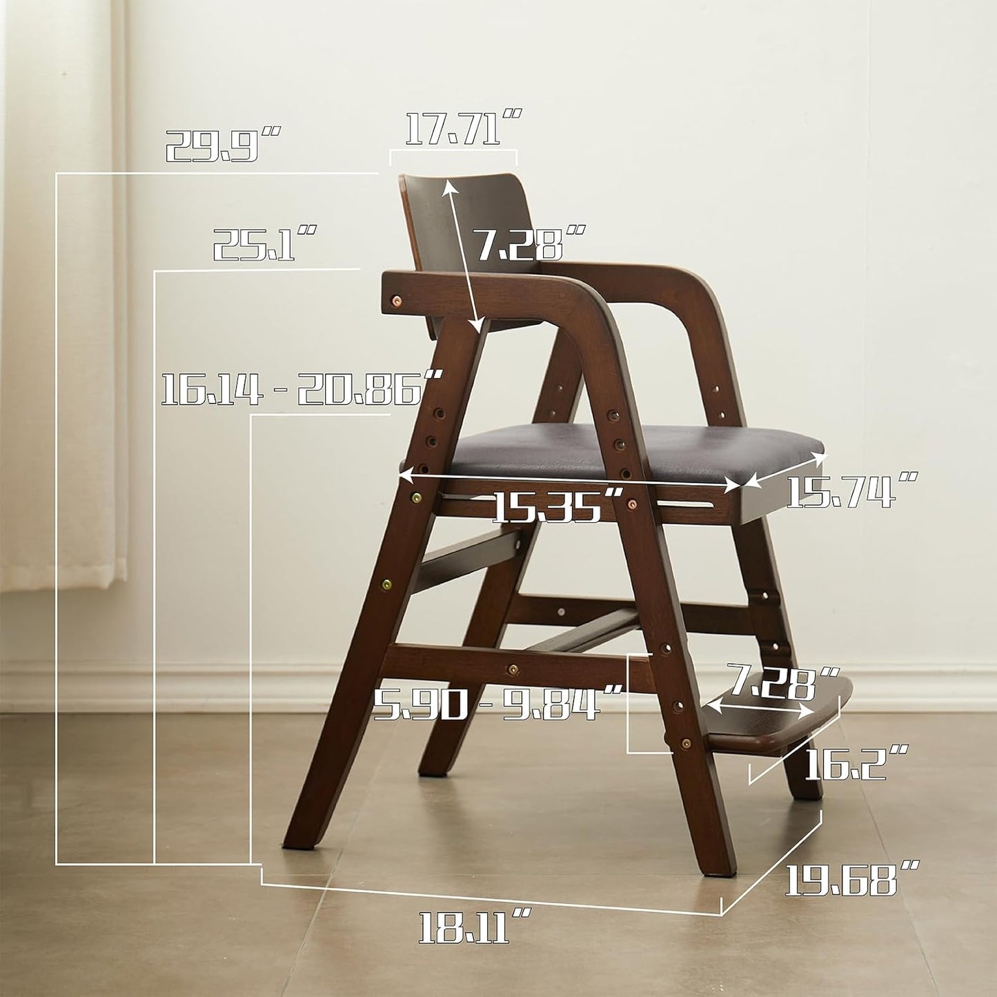 Solid Wood high Chairs for Toddlers,High Chair Grows with Kid for Dining, Study Chair for Children, Walnut Color