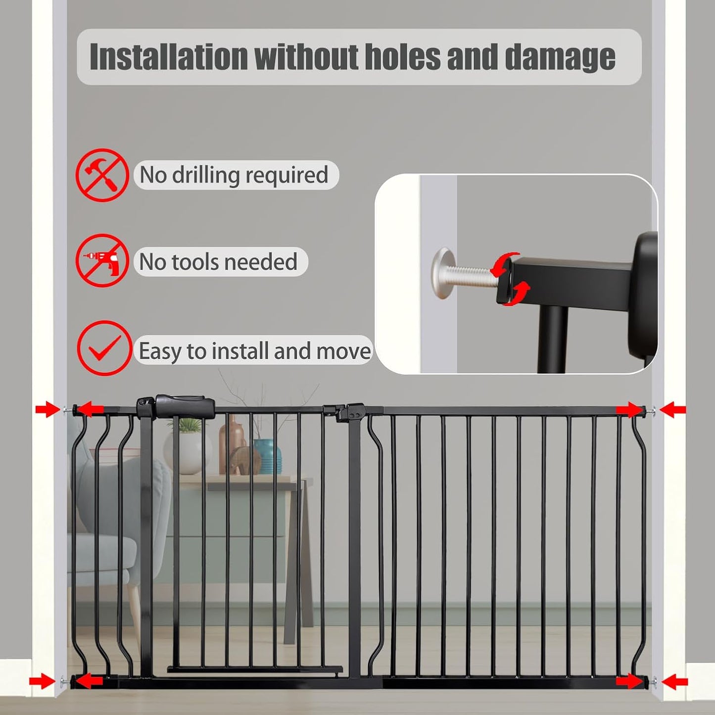 Heavy Duty Baby & Pet Safety Gate - Extra Wide 76.4-81.1 Inch, Black Metal, Pressure Mounted, Walk-Through