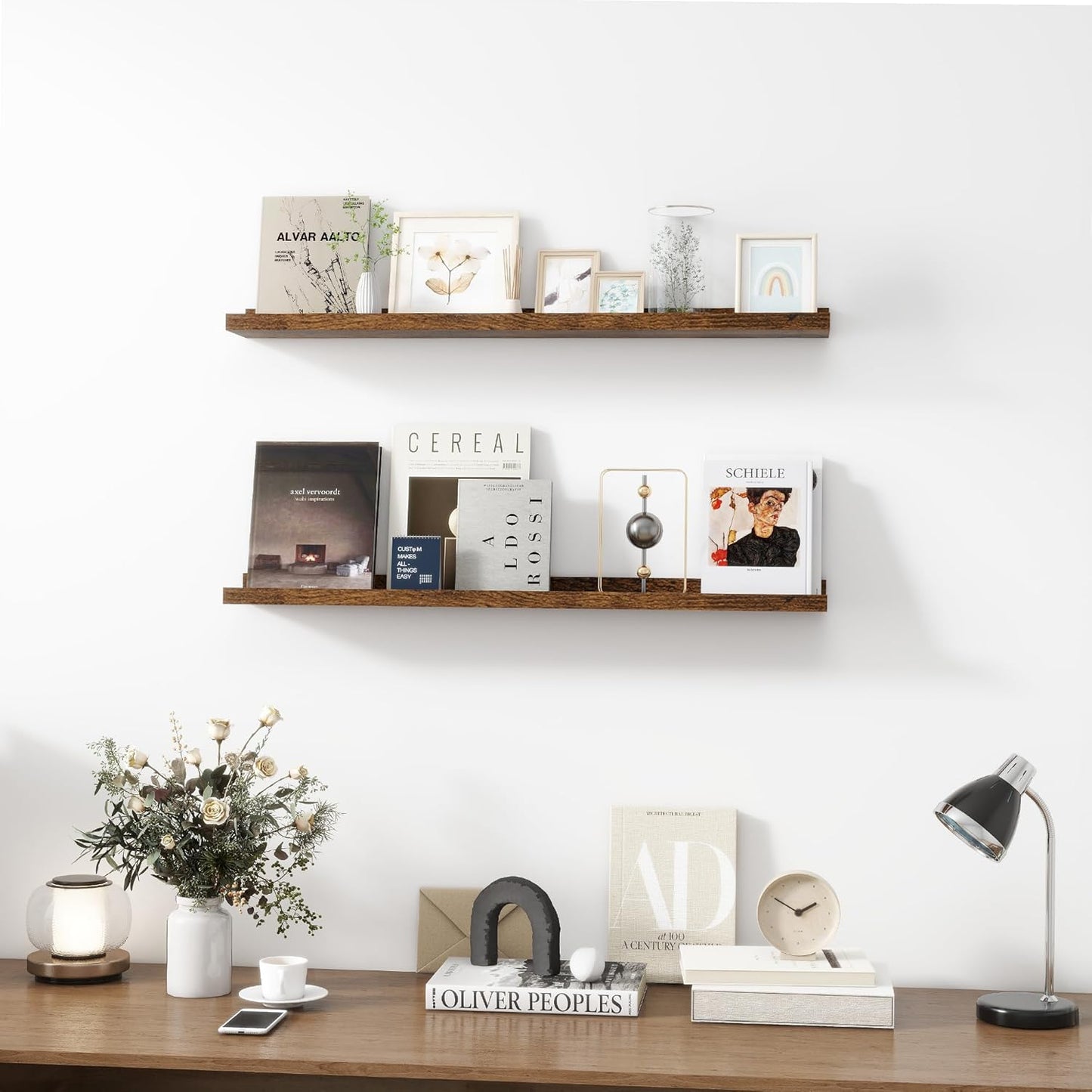 Picture Ledge Shelf, Wood Floating Shelves Set of 2, 36 inch Picture Ledge Shelves, Photo Ledge Nursery Book Shelves Wall Mounted for Living Room Kids' Room Bedroom, Color Brown