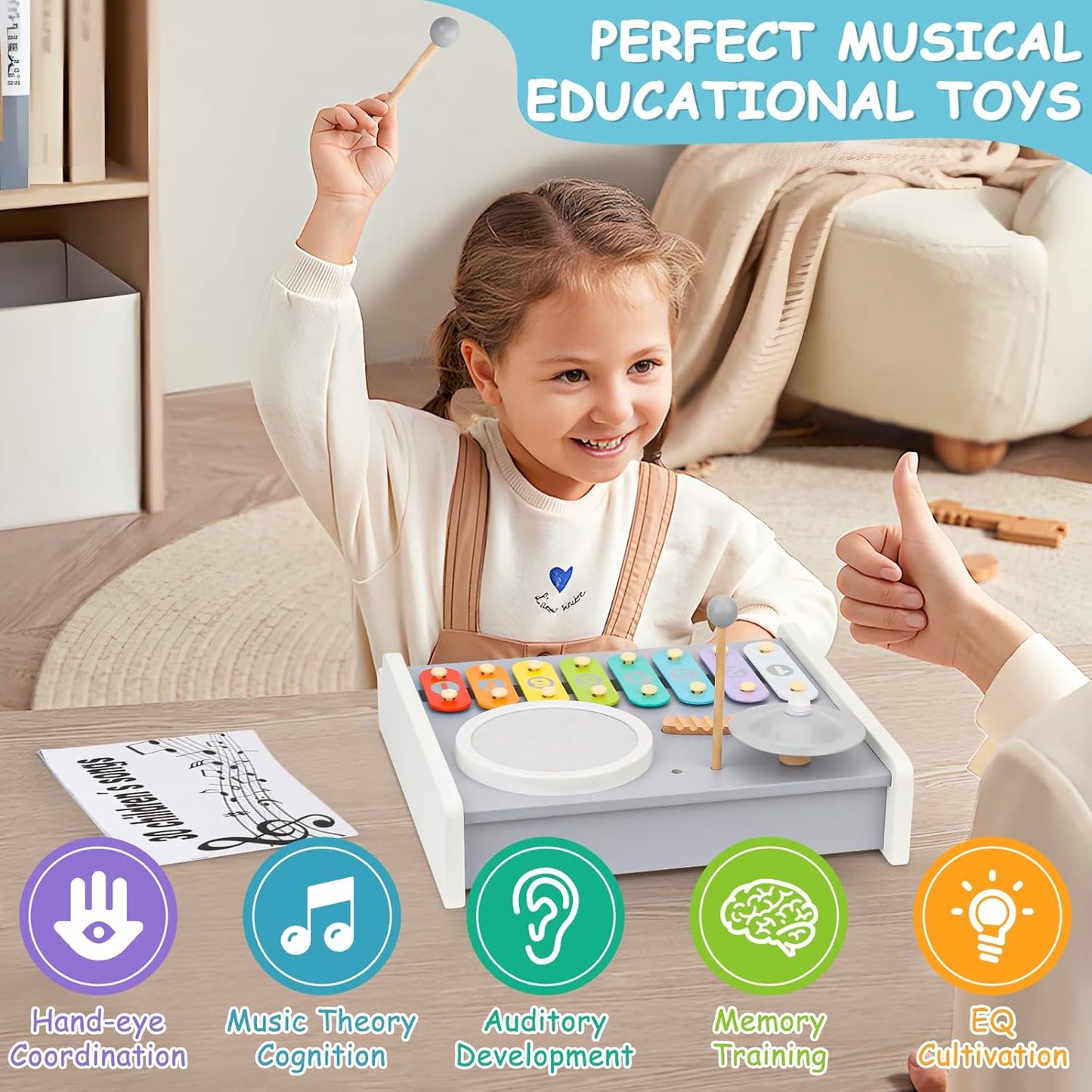 Kids Musical Instruments Piano Drum Set - 5 in 1 Montessori Toys for Toddler Baby, Wooden Music Kit with Piano Keyboard Xylophone, Preschool Educational Sensory Toys, Gifts for Boys Girls 1-8