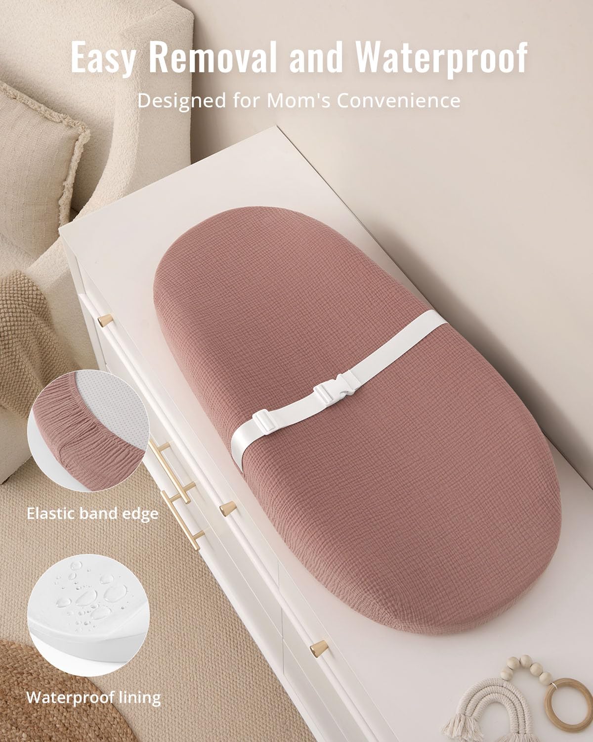 Blissful Diary Muslin Baby Changing Pad with Waterproof Lining Foam, Diaper Changing Table Pad with Cover for Dressers (Dusty Pink, Avocado)