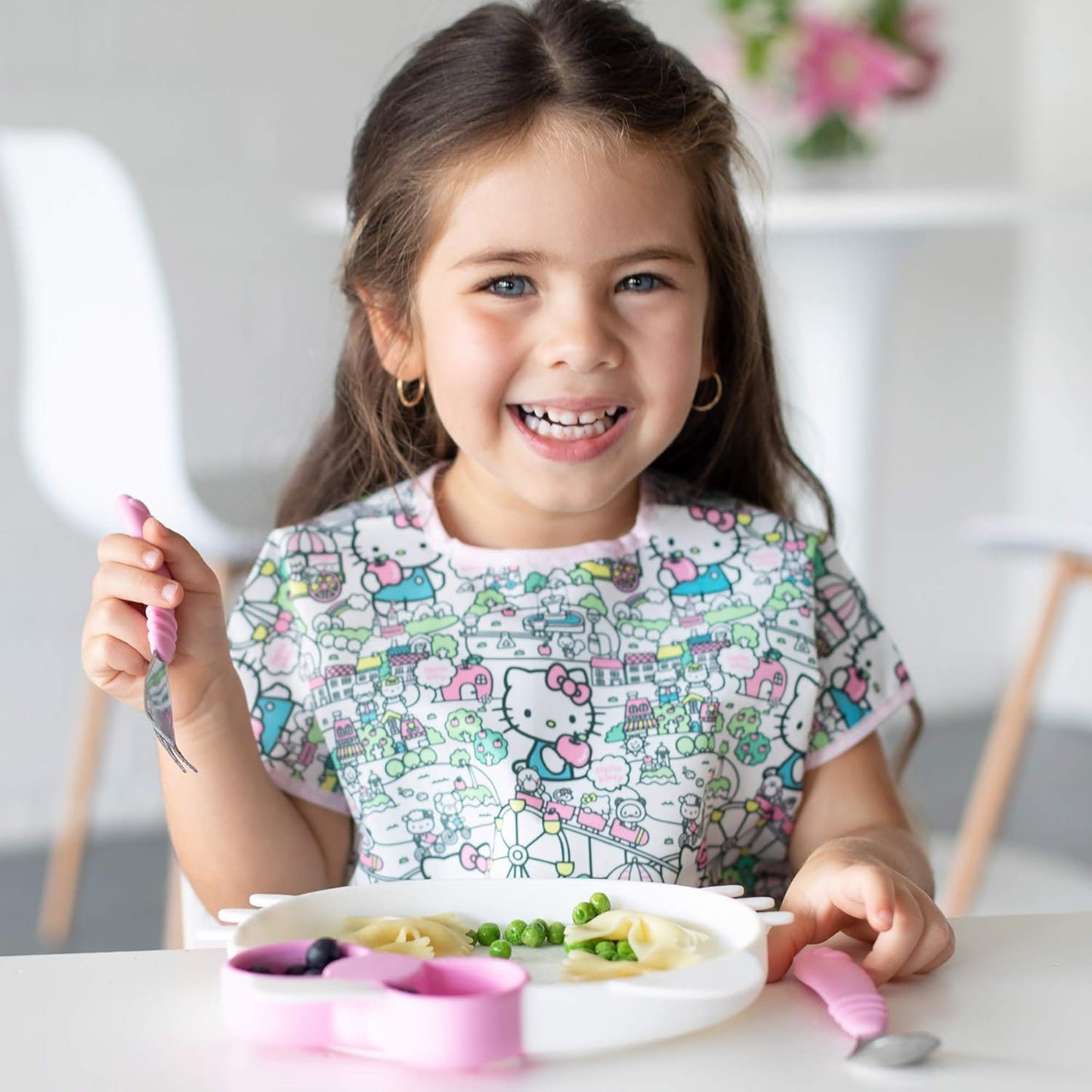 Bumkins Toddler Utensils, Kids Size Fork and Spoon Set, Silicone and Stainless-Steel Training Silverware, Angled Fork / Spork for Self-Feeding, Children Learning to Eat, 18 Mos Up, Hello Kitty Pink