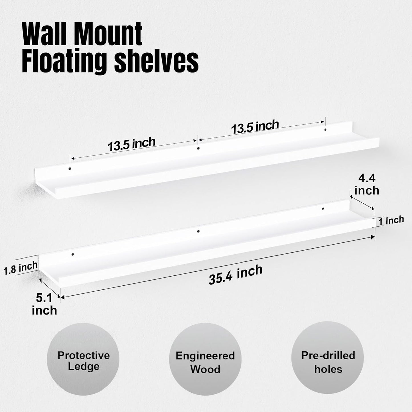 36 Inches Long Floating Shelves Wall Mounted, 2 Set Modern White Wall Shelf for Bedroom, Nursery Book Shelf with Lip, Picture Ledge Shelf for Wall Decor Living Room Bathroom Kitchen - White