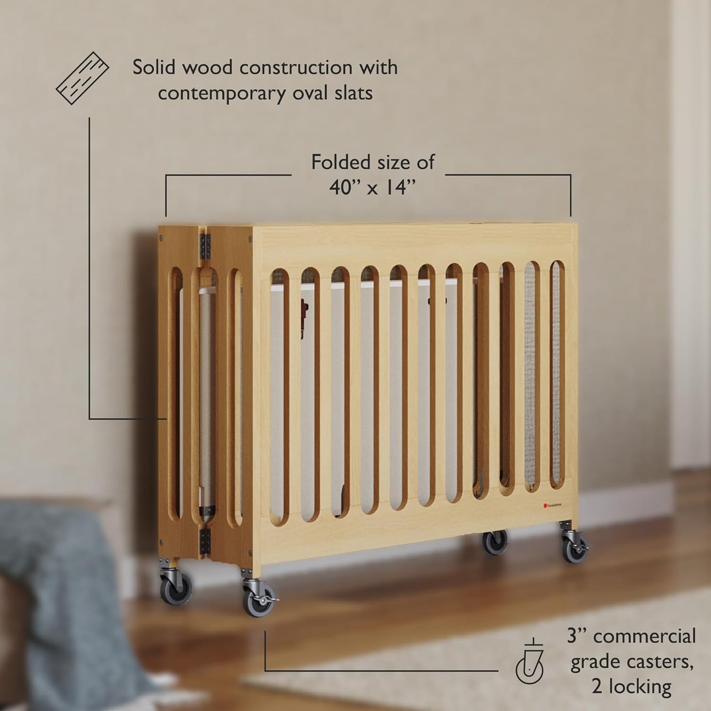 Foundations Boutique Folding Mini Baby Crib - Compact, Portable, Wooden Hotel Crib, Foldable Mini Cribs for Baby & Toddlers - Includes 3" Foam Mattress - Natural