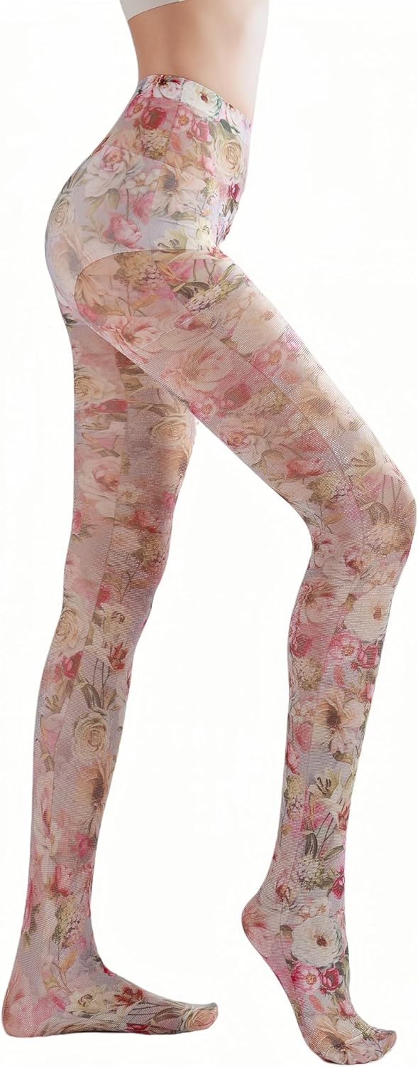 Sahabowi Women's Sheer Fashion Digital Print Fashions Stockings Metallic Silver Tights 1
