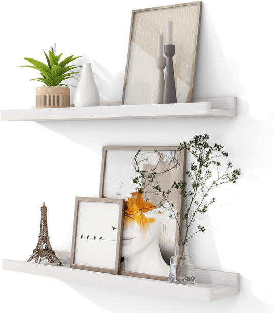 Solid Ash Wood Picture Ledge Shelf, 24 Inch Floating Shelves with Lip Set of 2, Photo Ledge Shelf Nursery Bookshelf Wall Mounted for Living Room Bedroom Decor, White