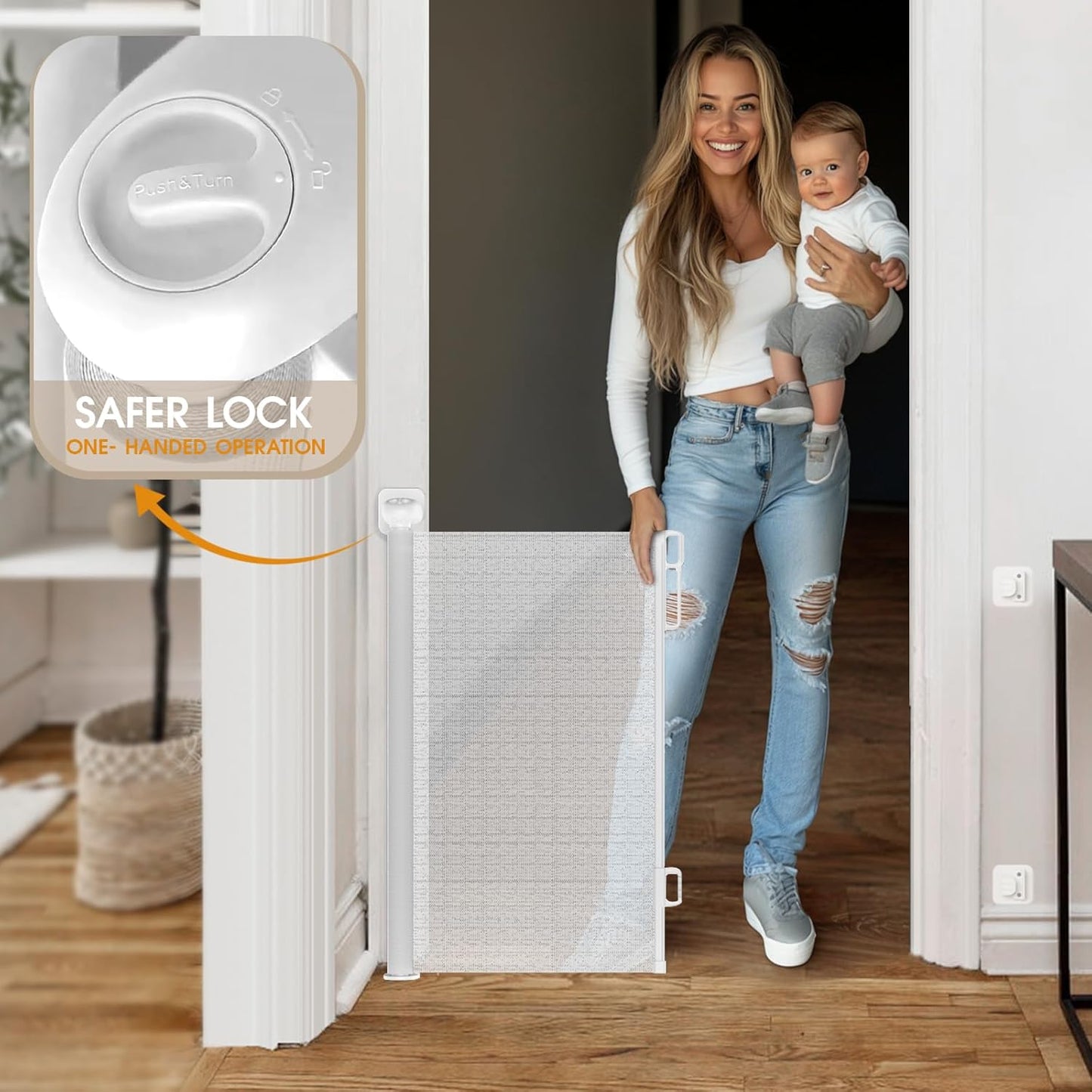 HOMEAL Retractable Baby Gate for Stairs - Extra Wide Baby Gate Tall, Long Mesh Pet Dog Gate Indoor Outdoor, Kids Safety Gate for Doorways, Deck, Porch, Hallways, Patio (White,Width Up to 71")