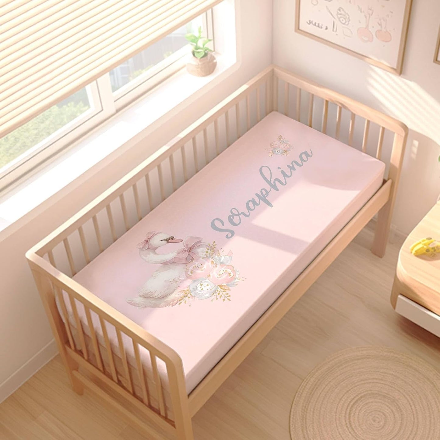 Personalized Baby Girl Crib Bedding Set – Custom Name Swan 3-Piece Nursery Set with Soft Flannel Blanket, Fitted Sheet & Pillowcase – Infant & Toddler Bedding Gift