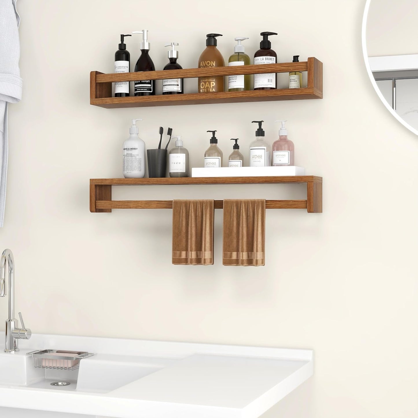 Fun Memories Nursery Book Shelves - Rustic Natural Solid Wood Floating Bookshelf for Kids - Wall Book Shelves for Kids Room (Carbonized, 24inch - 4P)