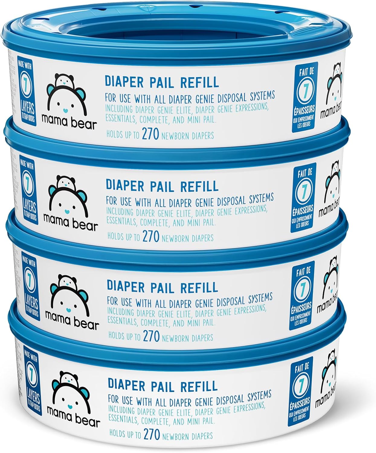 Amazon Brand - Mama Bear Diaper Pail Refills for Diaper Genie Pails, Unscented, 1080 Count (4 Packs of 270 Count)