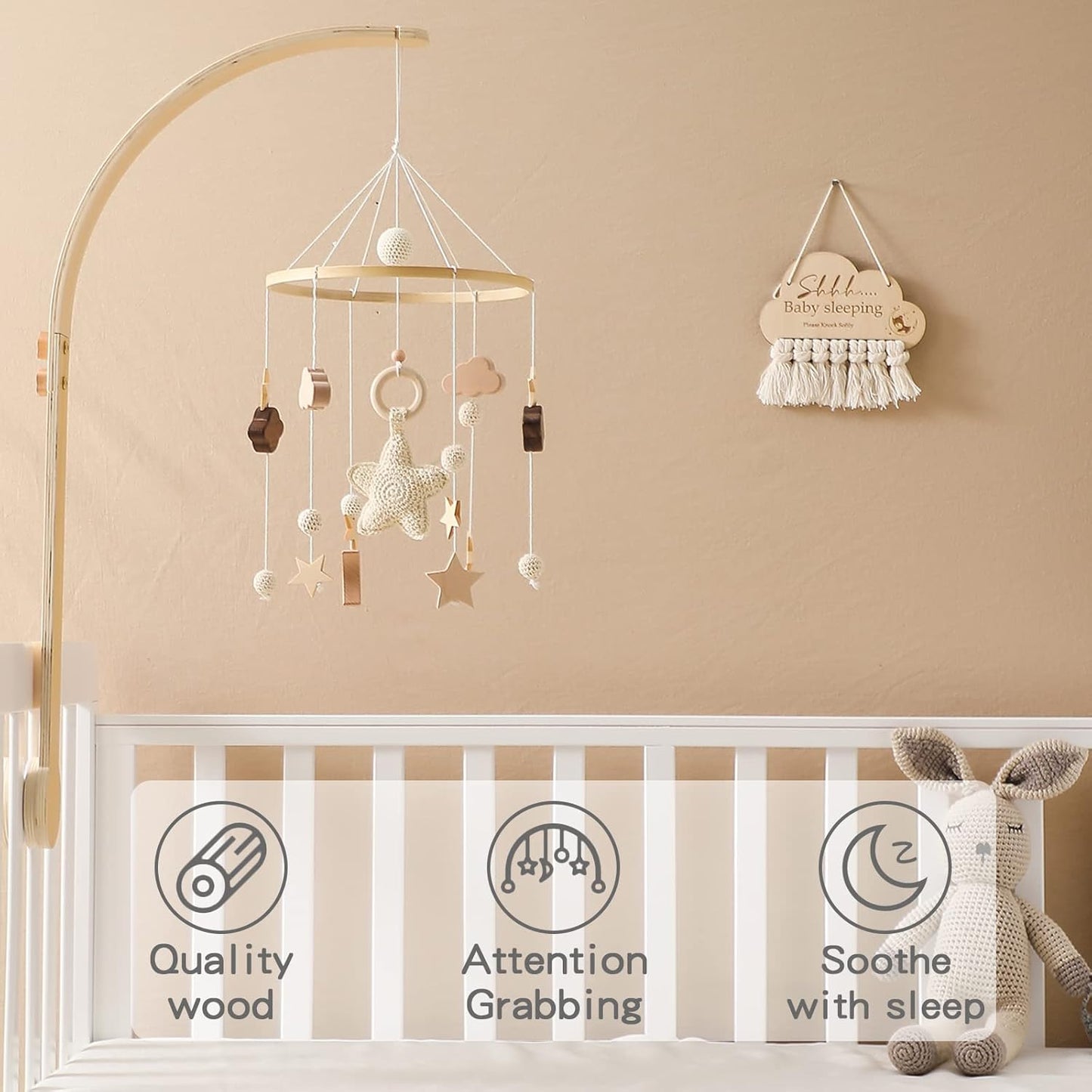 Baby Crib Mobile with Arm Boho Star Moon Nursery Mobile Set Wooden Baby Mobile Holder for Hanging Nursery Decor Ceiling Mobile