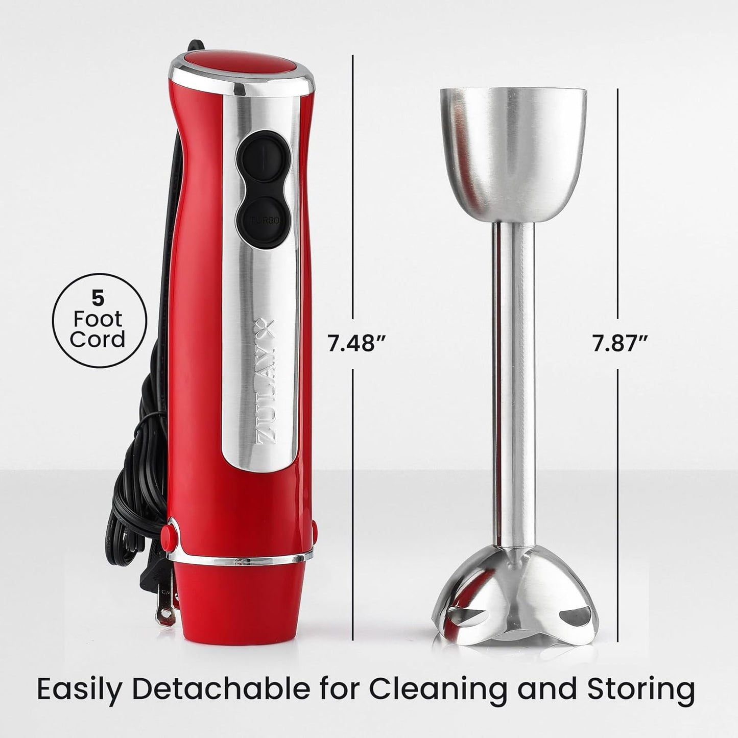Zulay Immersion Stick Mixer Hand Blender - 800 Watts, Turbo Mode, 5-ft Power Electric Cord, Handheld Portable, Stainless Steel Blades - For Effortless Blending Smoothie, Soup, Baby Food, Puree - Red