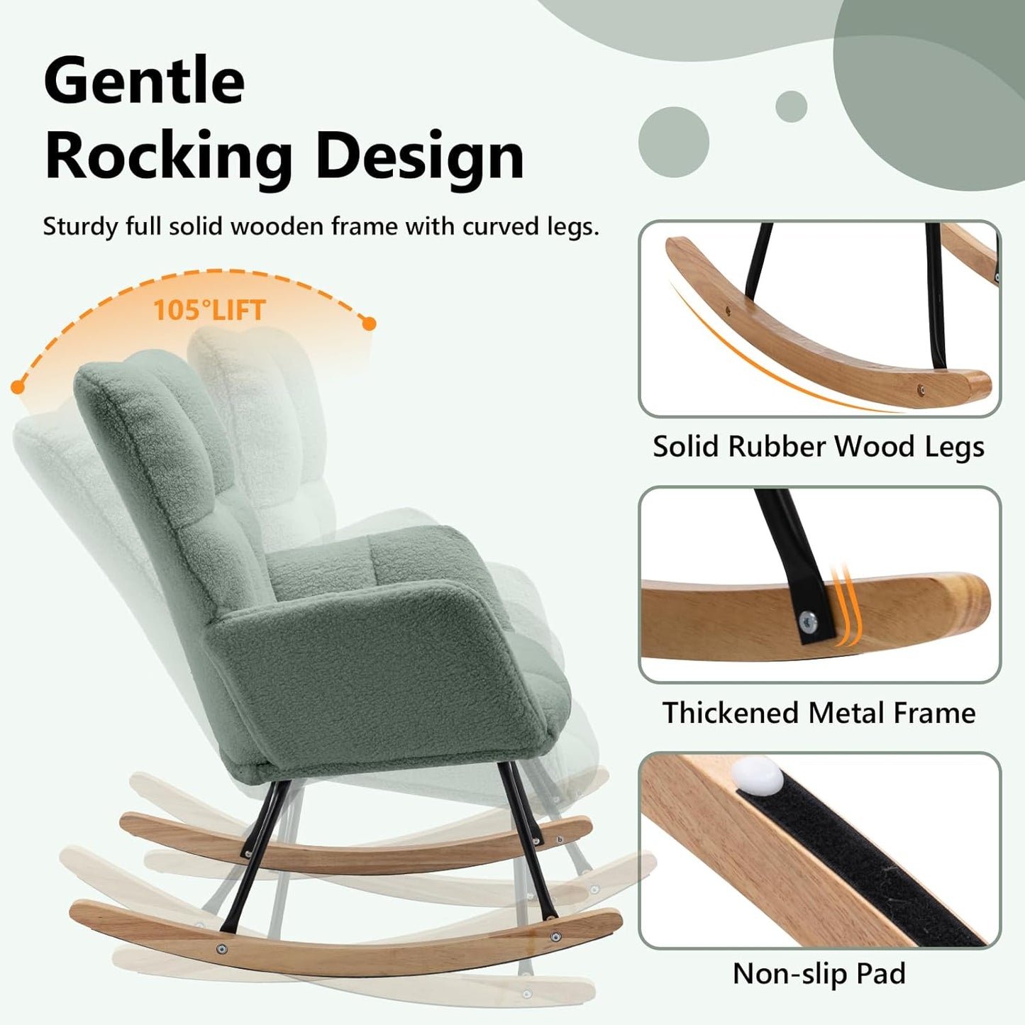 NIOIIKIT Nursery Rocking Chair Teddy Upholstered Glider Rocker Rocking Accent Chair Padded Seat with High Backrest Armchair Comfy Side Chair for Living Room Bedroom Offices (Olive Green)