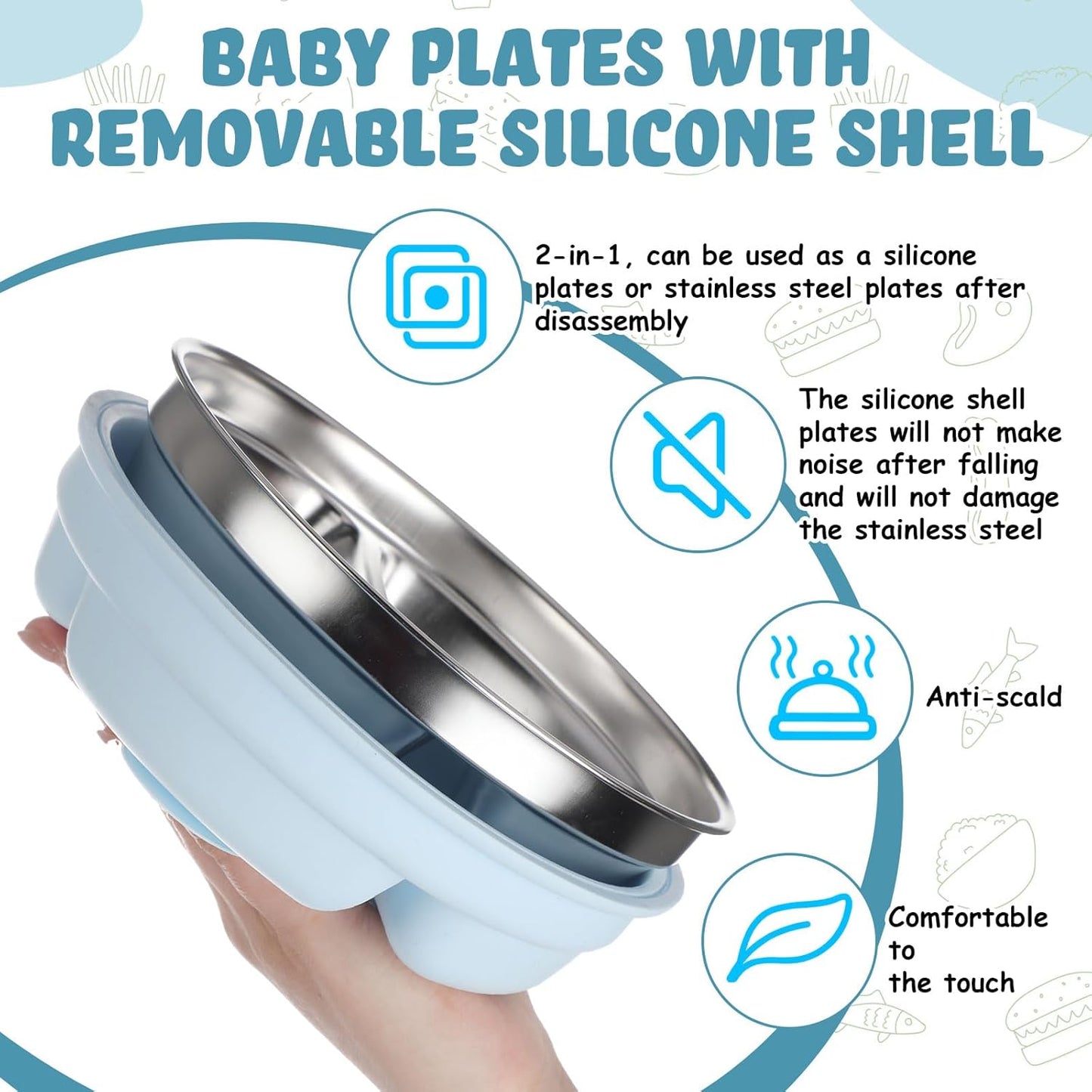 Nuogo 1 Pcs Stainless Steel Baby Suction Plates with Removable Silicone Shell 2-in-1 Metal Toddler Bowl Divided for Picky Eaters Kids Feeding Led Weaning Supplies, Dishwasher Safe (Light Blue)