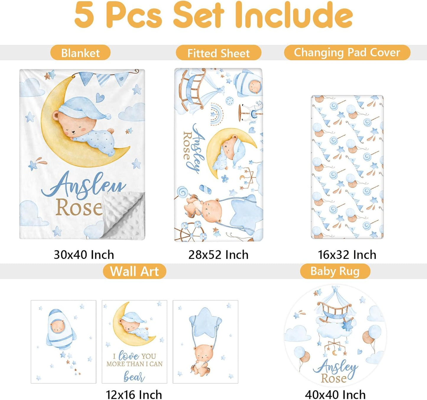 Personalized Baby Crib Bedding Set, 5 Pcs Custom Name Baby Crib Set with Double Layer Blanket, Soft Blue Moon Bear Nursery Bedding Set for Girls Boys, Customized Gifts for Toddlers Infants