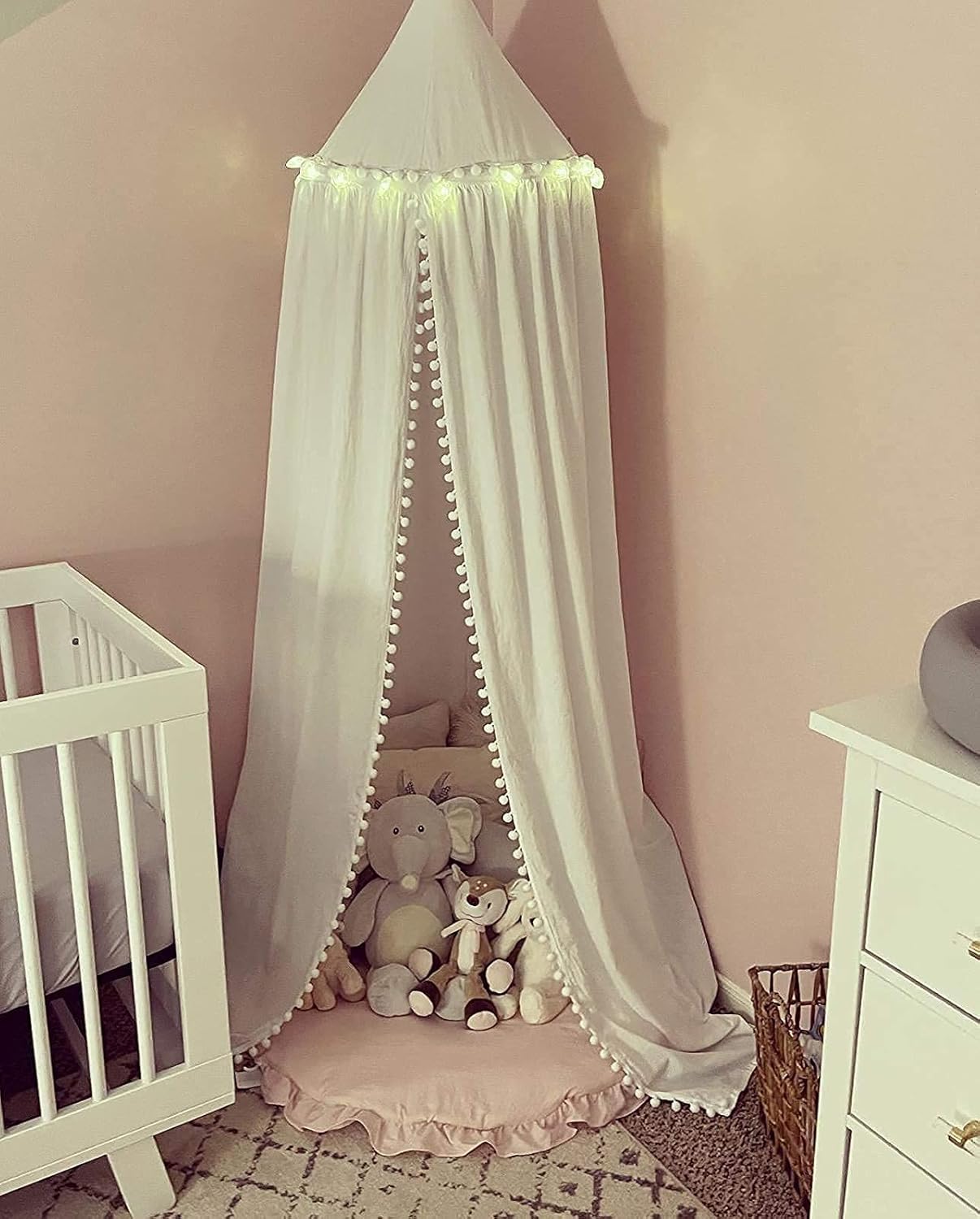 Bed Canopy with Pom Pom Cotton Canopy for Kids Crib Baby Girl Netting Cover Canopy Crib Curtain Reading Nook Hanging Tent Nursery Play Game Castle Room Decoration (White)