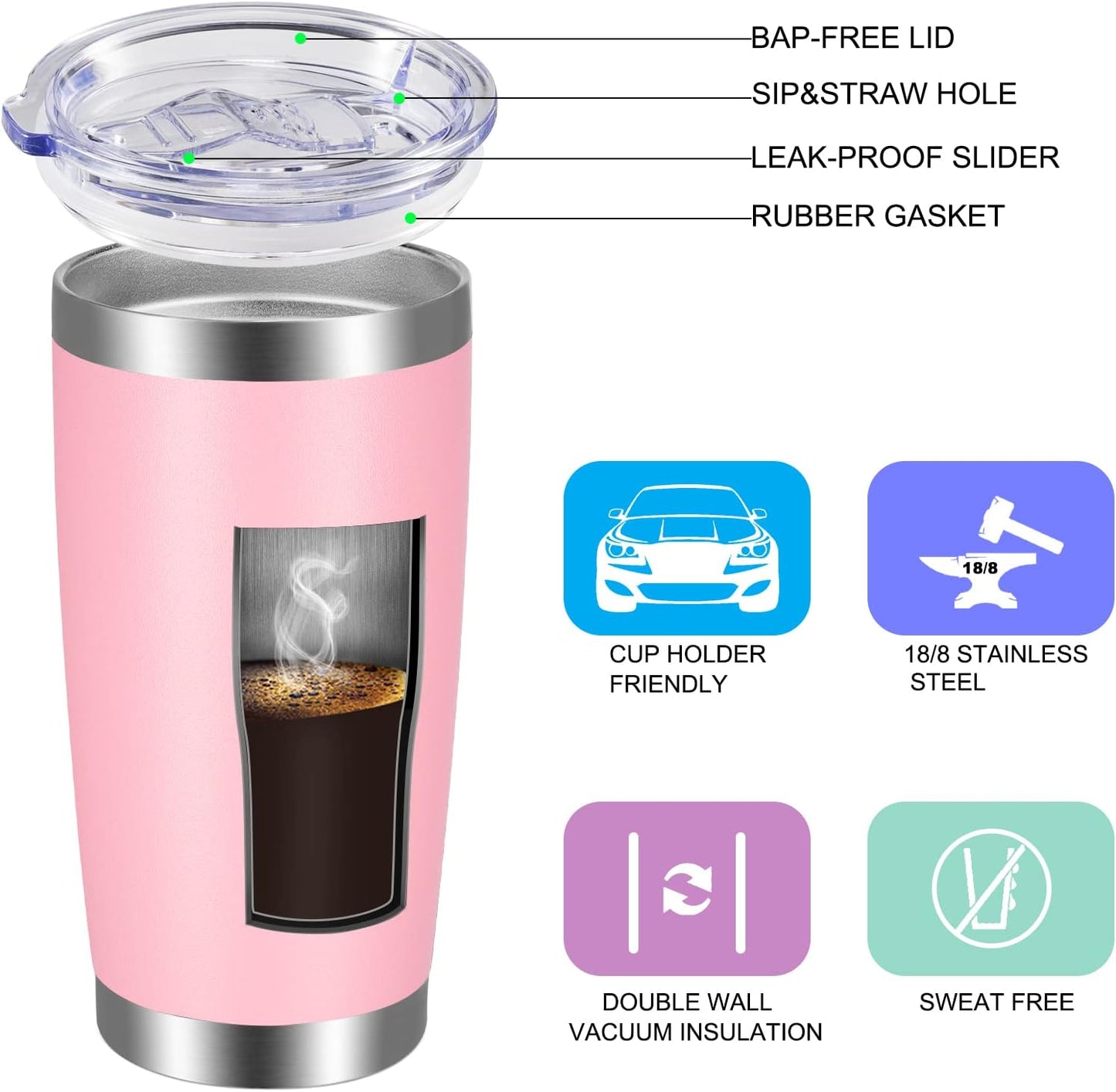 VEGOND 20oz Tumbler with Lid and Straw Stainless Steel Tumbler Cup Bulk Vacuum Insulated Double Wall Travel Coffee Mug Powder Coated Coffee Cup(Pink 6 Pack