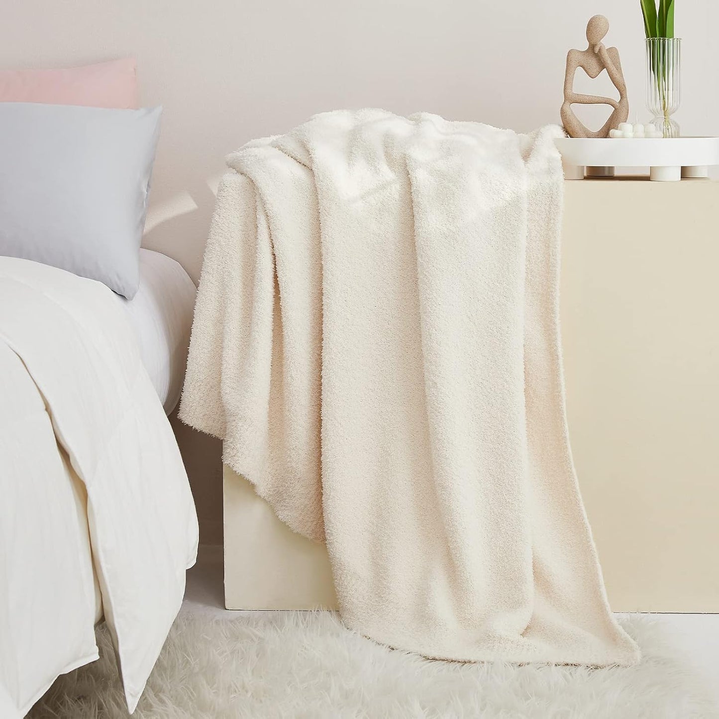 CYMULA Super Soft Knit Throw Blanket Twin Size Cream White-Lightweight Plush Fuzzy Fluffy Warm Cozy Blankets and Throws for Sofa Bed All Season Use