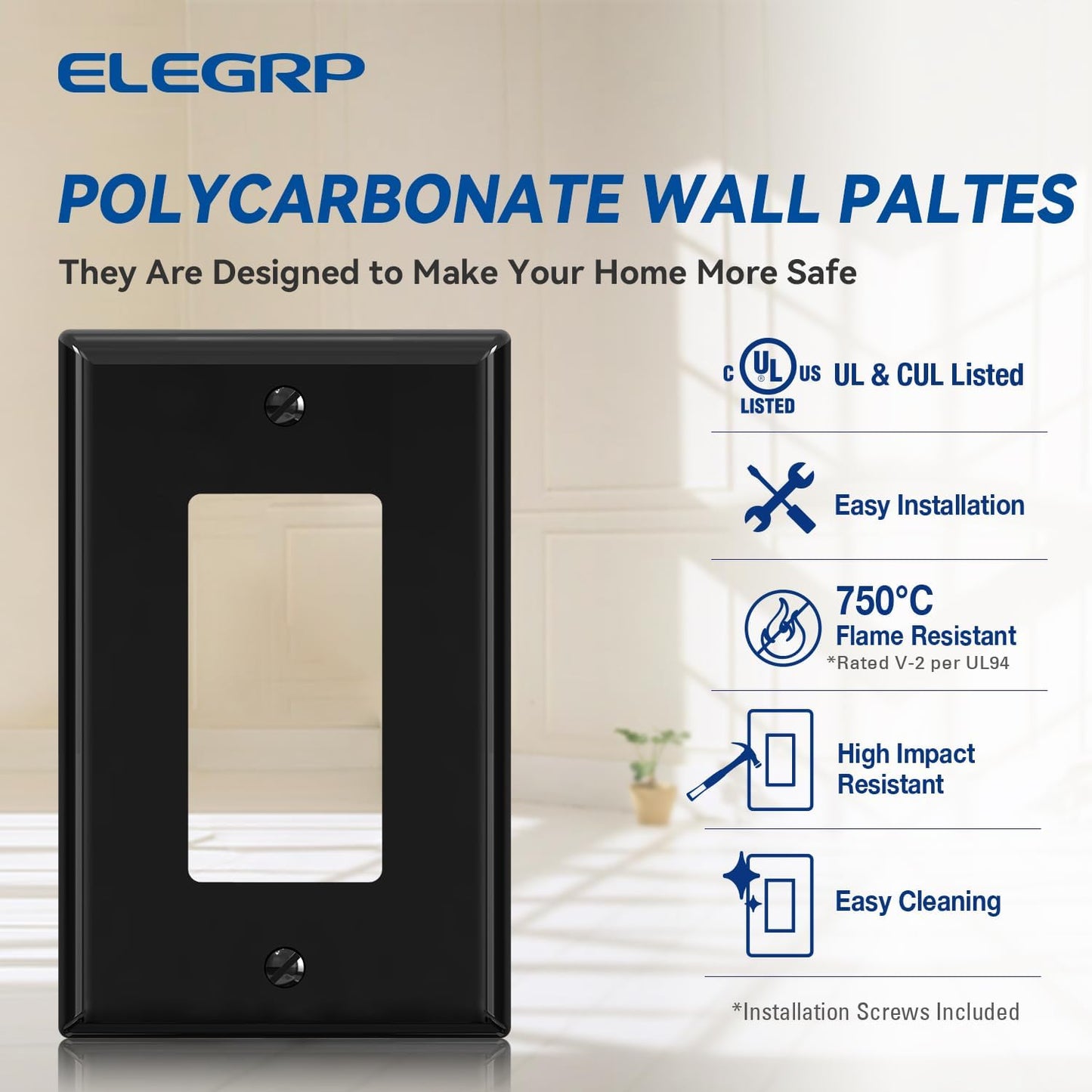 ELEGRP Decorative Receptacle Wall Plate, 1-Gang Mid Size Decorator Covers, Unbreakable Polycarbonate Faceplates for Decorator Device, UL Listed, Screws Included (1 Pack, Glossy Black)