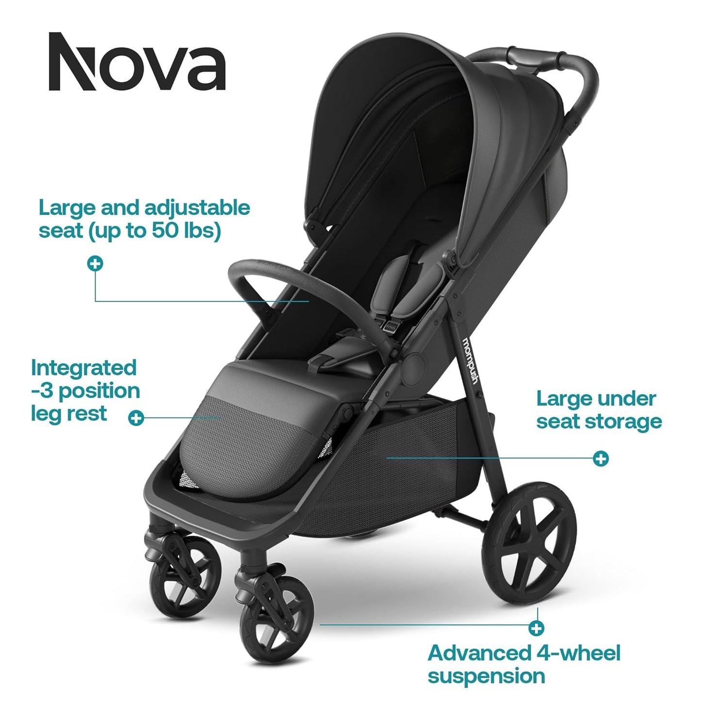 Mompush Nova Baby Stroller for Toddler, Infant & Newborn | Spacious Seat & Lie-Flat Mode | Compact One-Hand Fold, UPF 50+ Canopy & All-Wheel Suspension | Includes Rain Cover & Cup Holder