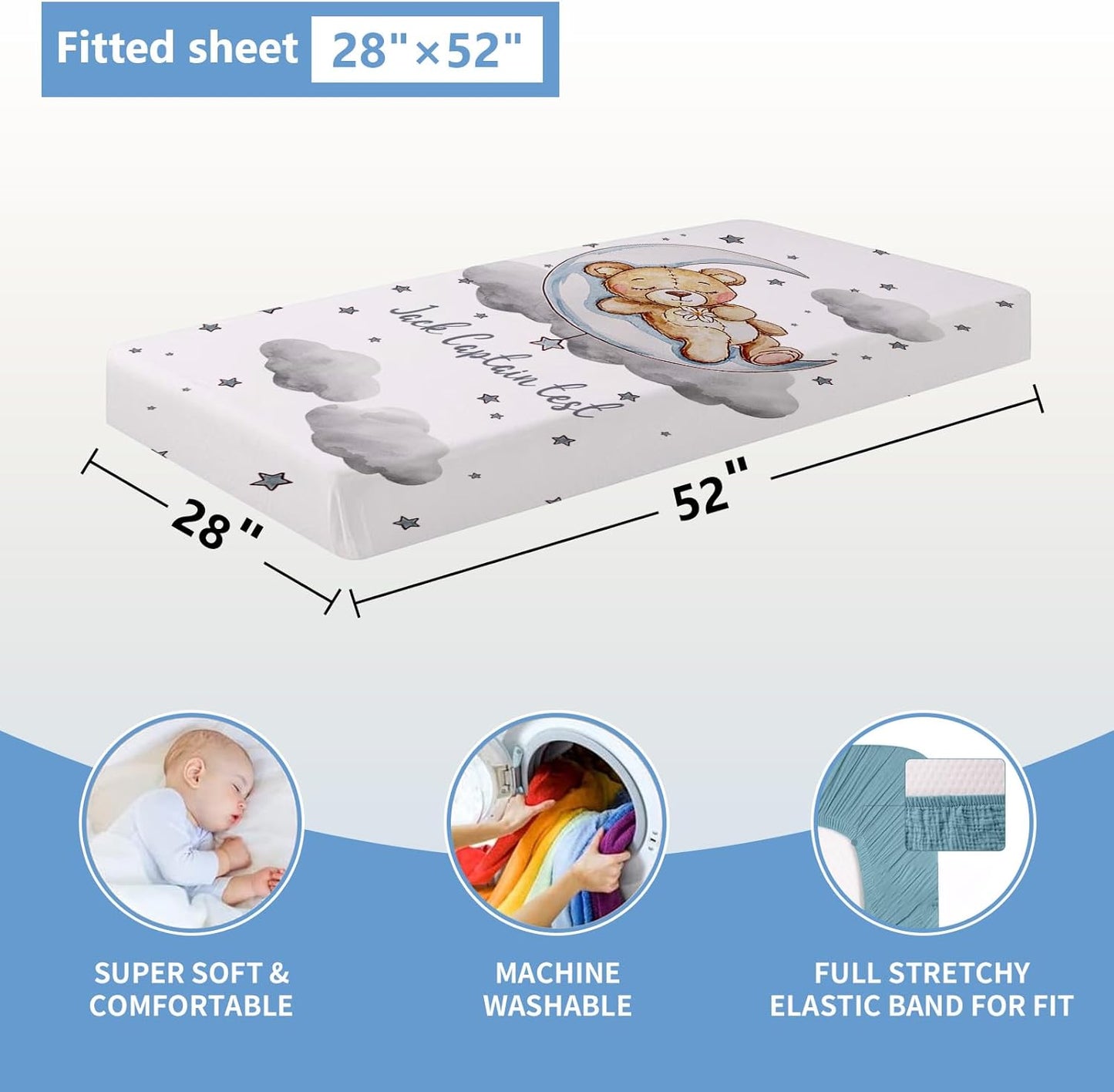 Personalized Crib Set, 5 Pcs Custom Baby Bedding with Name, Double Layer Nursery Bedding for Boy Girl, Soft Moon Bear Bedding Set, Gifts for Toddler, Infant, New Parents