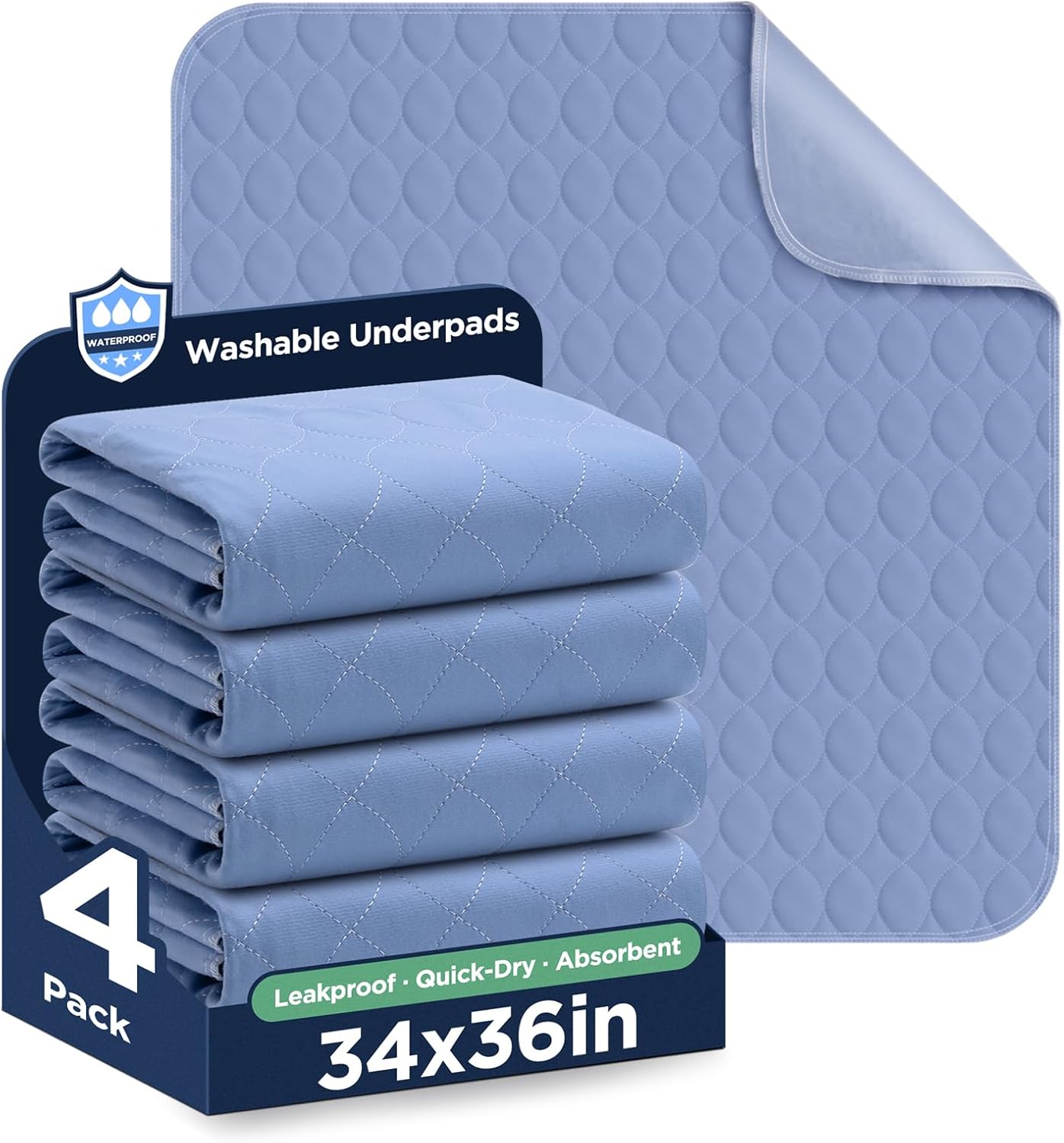 Washable Bed Pads 34" x 36" - 4 Pack, Blue, Waterproof Bed Pads for Incontinence, Bed Wetting Pads for Bed, Sofa, Floor, Resuable Underpads for Adults, Seniors, Pet