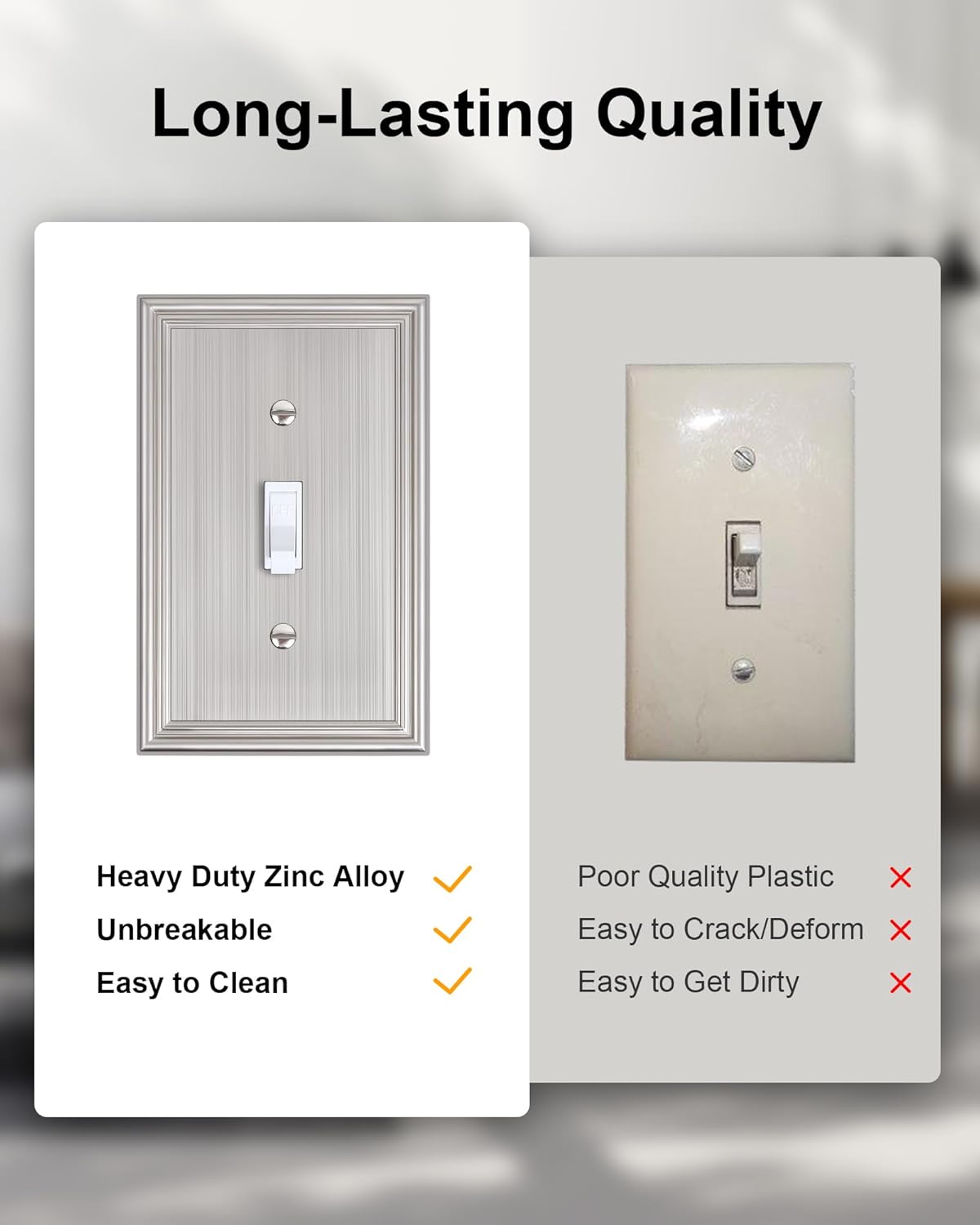 4-Pack Single Toggle Light Switch Cover Plate, Durable Solid Zinc Alloy Decorative Switch Plate Covers, Brushed Nickel 1 Gang Wall Plate, Corrosion Resistant