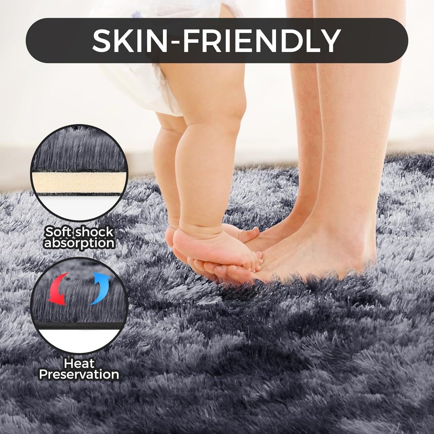 Ultra Soft Rug for Living Room, 3X5 Fluffy Shag Area Rug for Bedroom, Modern Shaggy Carpets Fuzzy Rug for Teens Dorm Nursery Home Decor Aesthetic, Upgrade Anti-Skid Durable, Tie Dye Black and Grey