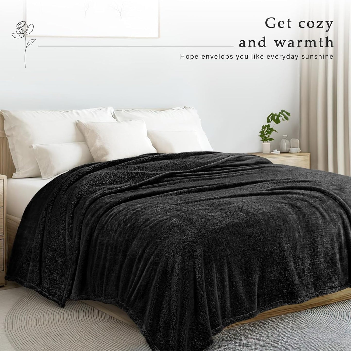 Exclusivo Mezcla Queen Size Flannel Fleece Blanket, Super Soft Velvet Plush Bed Blanket, Fuzzy Cozy and Warm for All Seasons, 90x90 Inches, Black