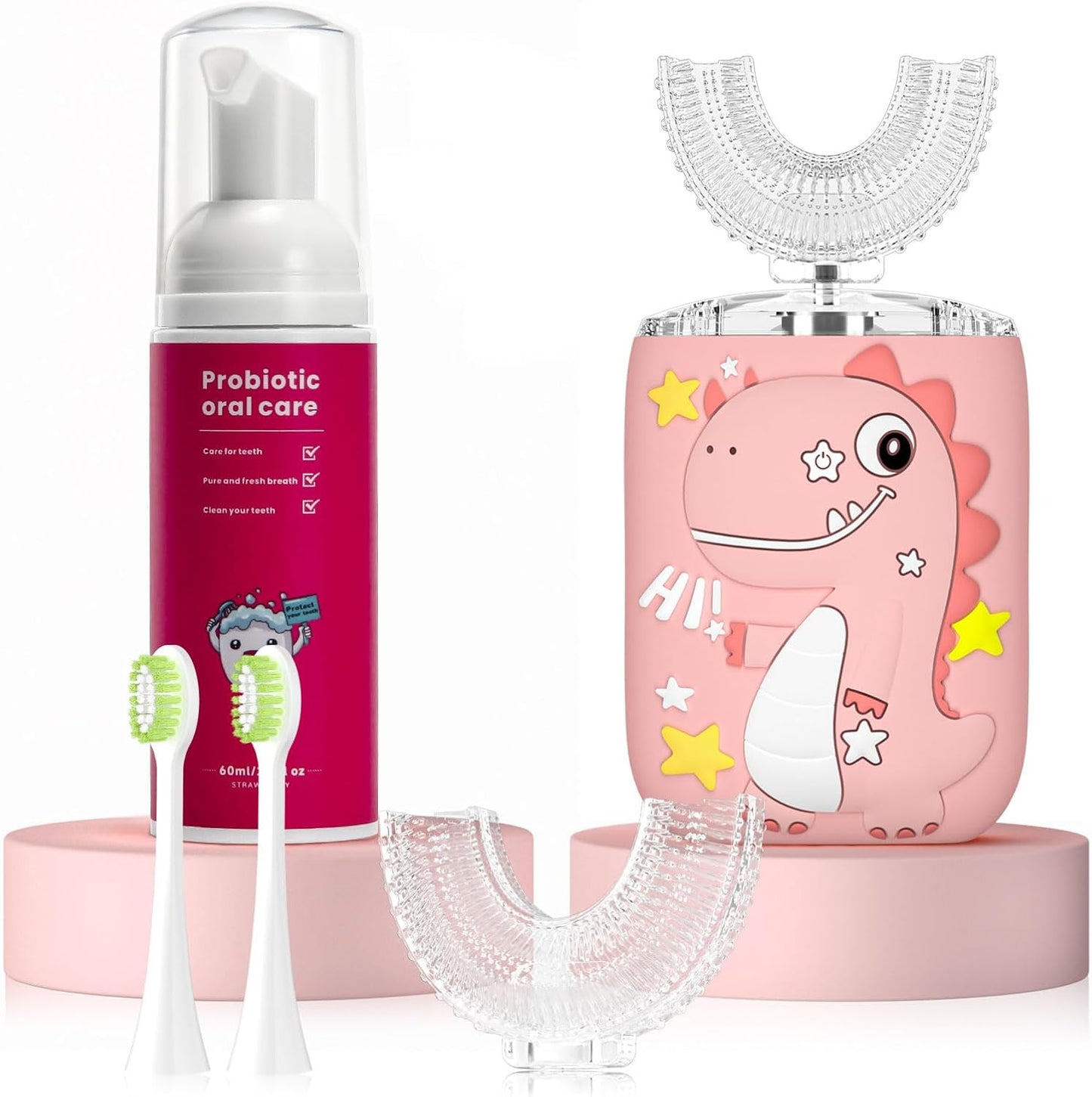 Kids Electric U Shaped Toothbrush,Kids Sonic Full Mouth Toothbrush with 4 Soft Brush Head Automatic Rechargeable 6 Cleaning Modes IPX7 Waterproof 360 Degree Cleaning - Age2-7 Pink