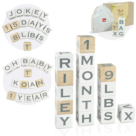I'm Solid Wood Baby ABC Alphabet Milestone Age Blocks, Personalized Own Name, Gender Neutral, Newborn Gifts & Keepsakes for Picture Props (1.9" / 16 Pcs/White)