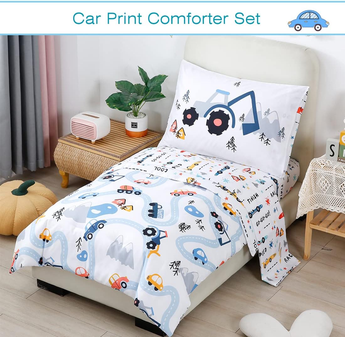 PERFEMET Comforter Set for Twin Bed Reversible Cars Pattern Bedding Set Soft Microfiber Bed in a Bag for Kids Boys Teens All Season Use(White, Twin)