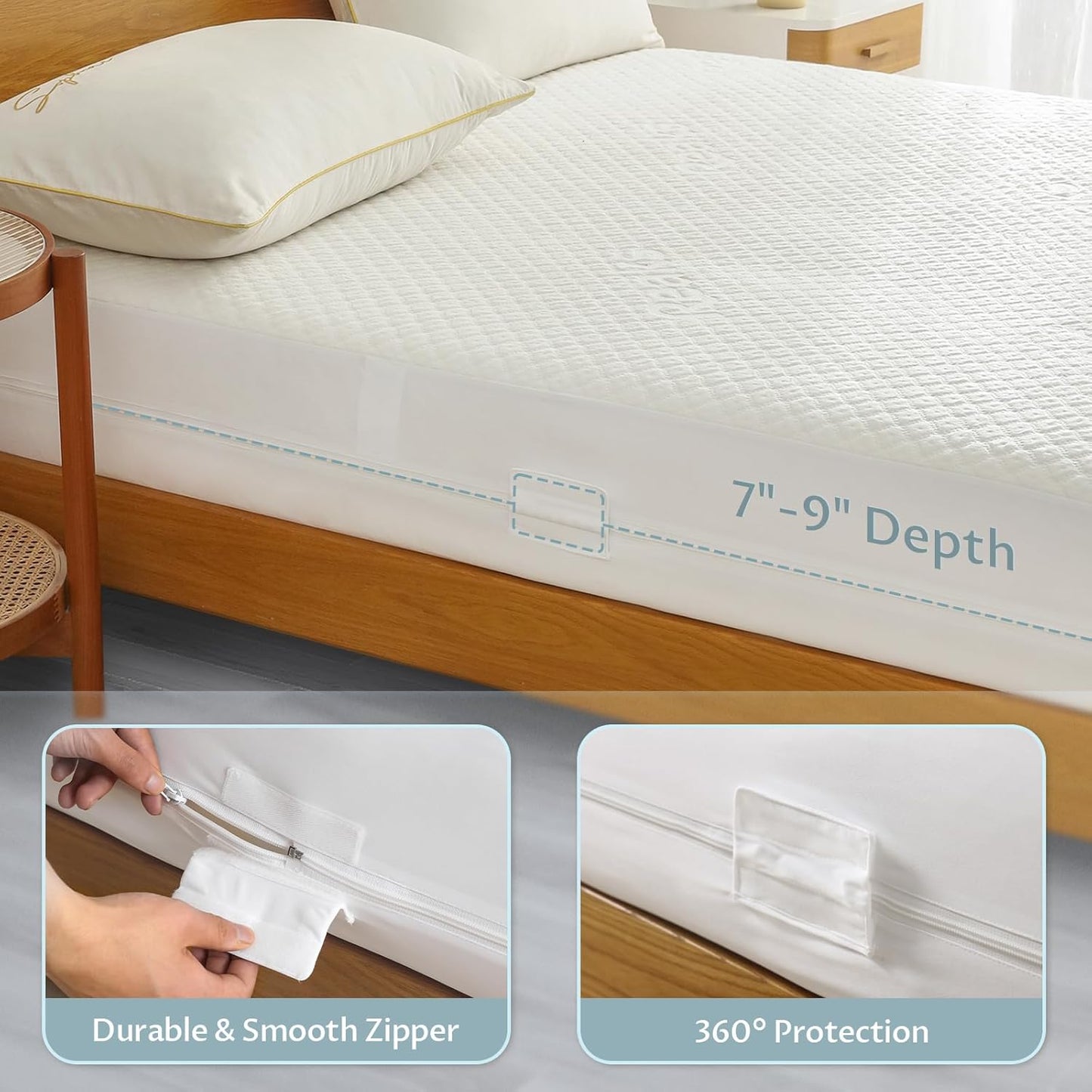 Queen Size Mattress Protector with Zipper - 100% Waterproof Zippered Mattress Cover - Soft & Cooling Noiseless Bed Mattress Covers - Top Removable Mattress Encasement 7-9" Deep