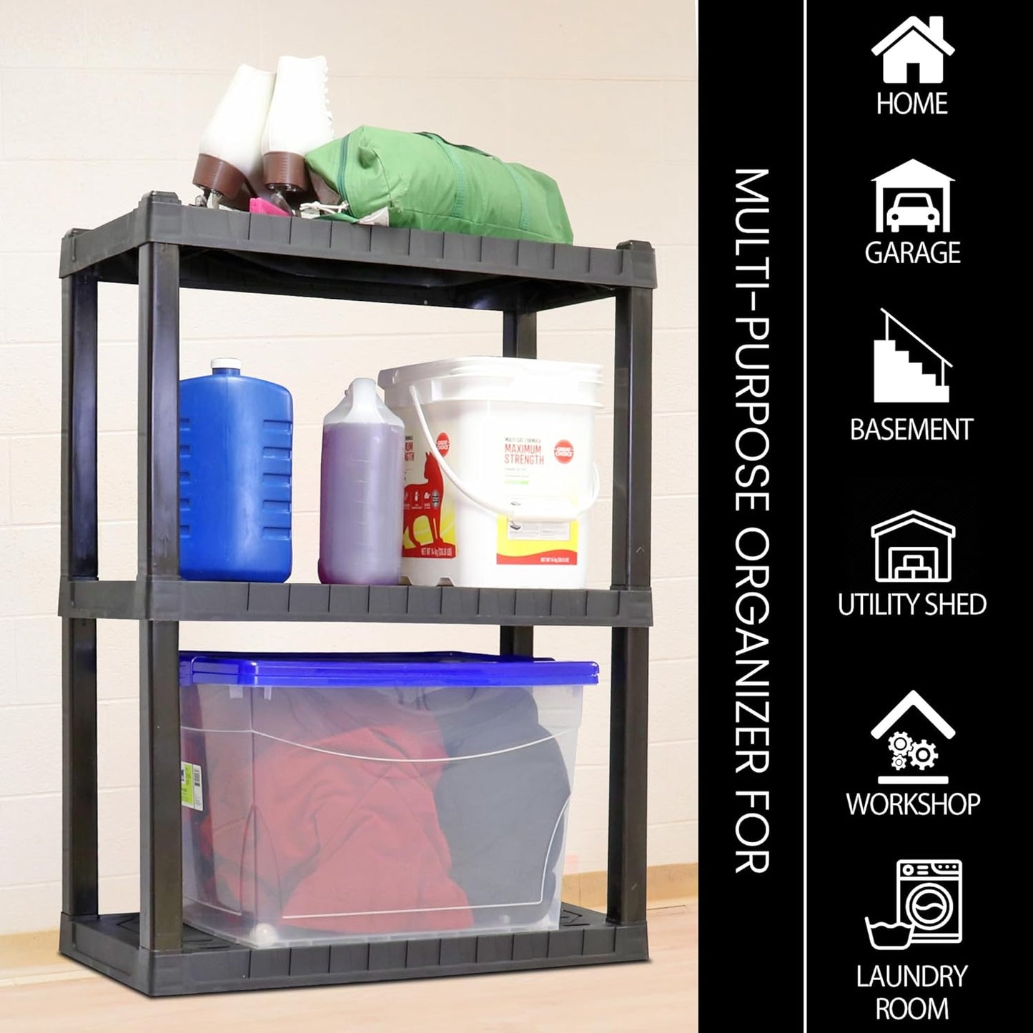 Oskar Storage Shelves - Bathroom Wall Organizer, Kids Room Toys Book Shelf, No Drill Heavy Duty, Kitchen Closet Garage Outdoor 3 Tier Stackable Plastic Shelving Unit