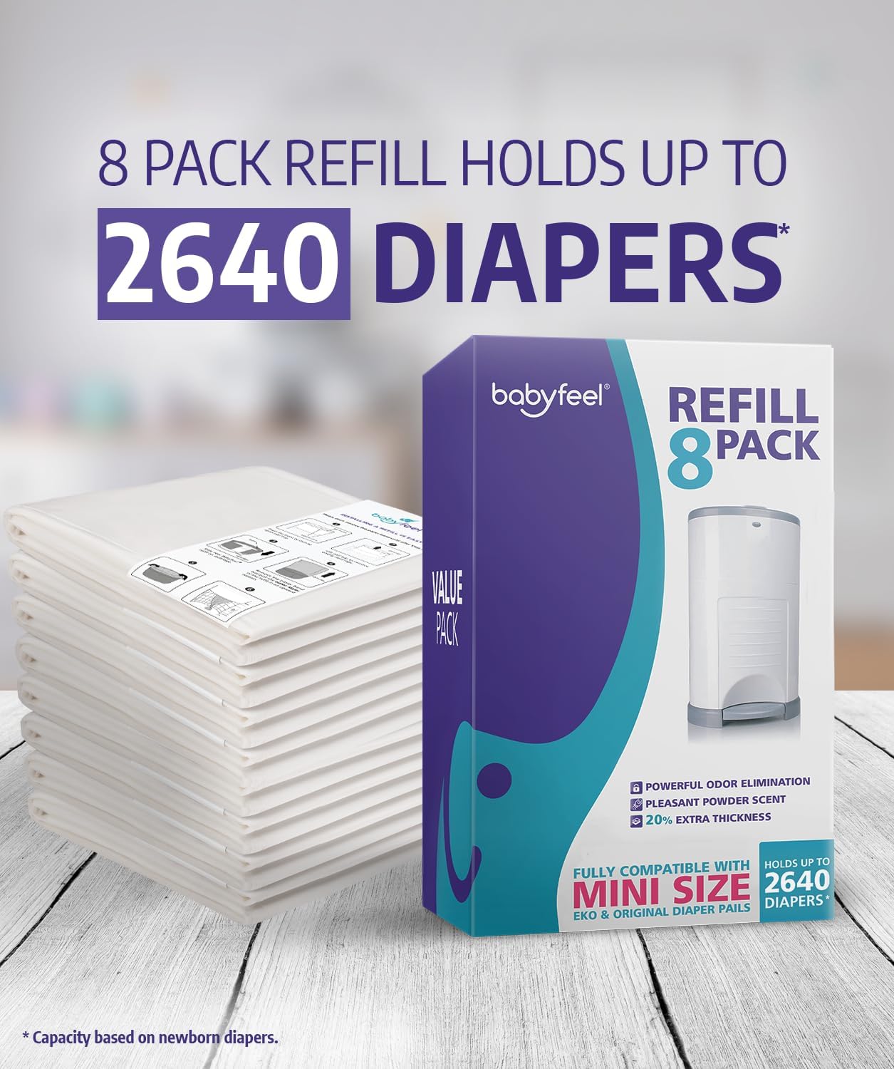 Babyfeel Refills Compatible with DEKOR MINI Diaper Pails | 8 Pack | Exclusive 20% Extra Thickness | Diaper Pail Refills with Powerful Odor Elimination | Powder Scent | Holds up to 2640 Diapers
