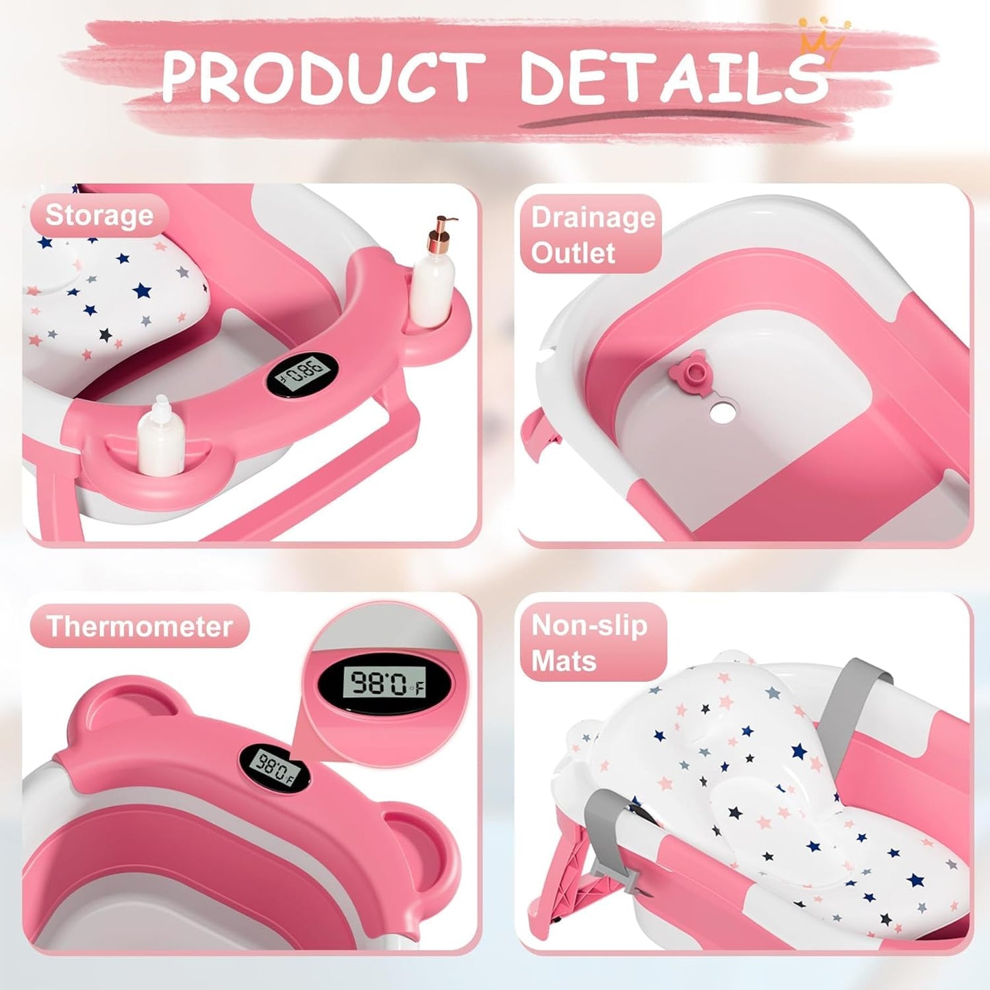 TPN Collapsible Baby Bathtub, Baby Bath Tub with Soft Cushion & Real-Time Thermometer, Baby Bathtub Infant to Toddler Tub (0-36 Months), Portable Newborn Travel Bath tub