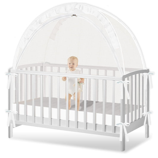 Crib Tent to Keep Baby from Climbing Out - Crib Net to Keep Baby in - Pop Up Breathable Cribs Cover - Canopy with Upgrade Strong Mesh and Durable Zipper (White, Lager)