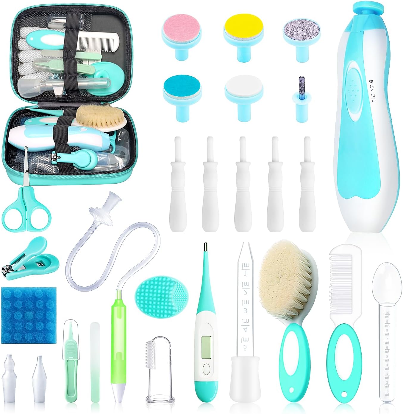 Baby Healthcare and Grooming Kit, 28 in 1 Portable Baby Essentials Kit Electric Nail Trimmer Set with Gas Relief Hair Brush Comb Nasal Aspirator for Newborn Boys Girls (Green)