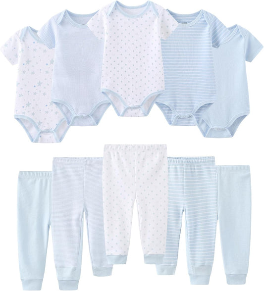 Baby Bodysuit and Pant Set 10-pcs Cotton Soft Newborn Boy Girl Clothes Outfits