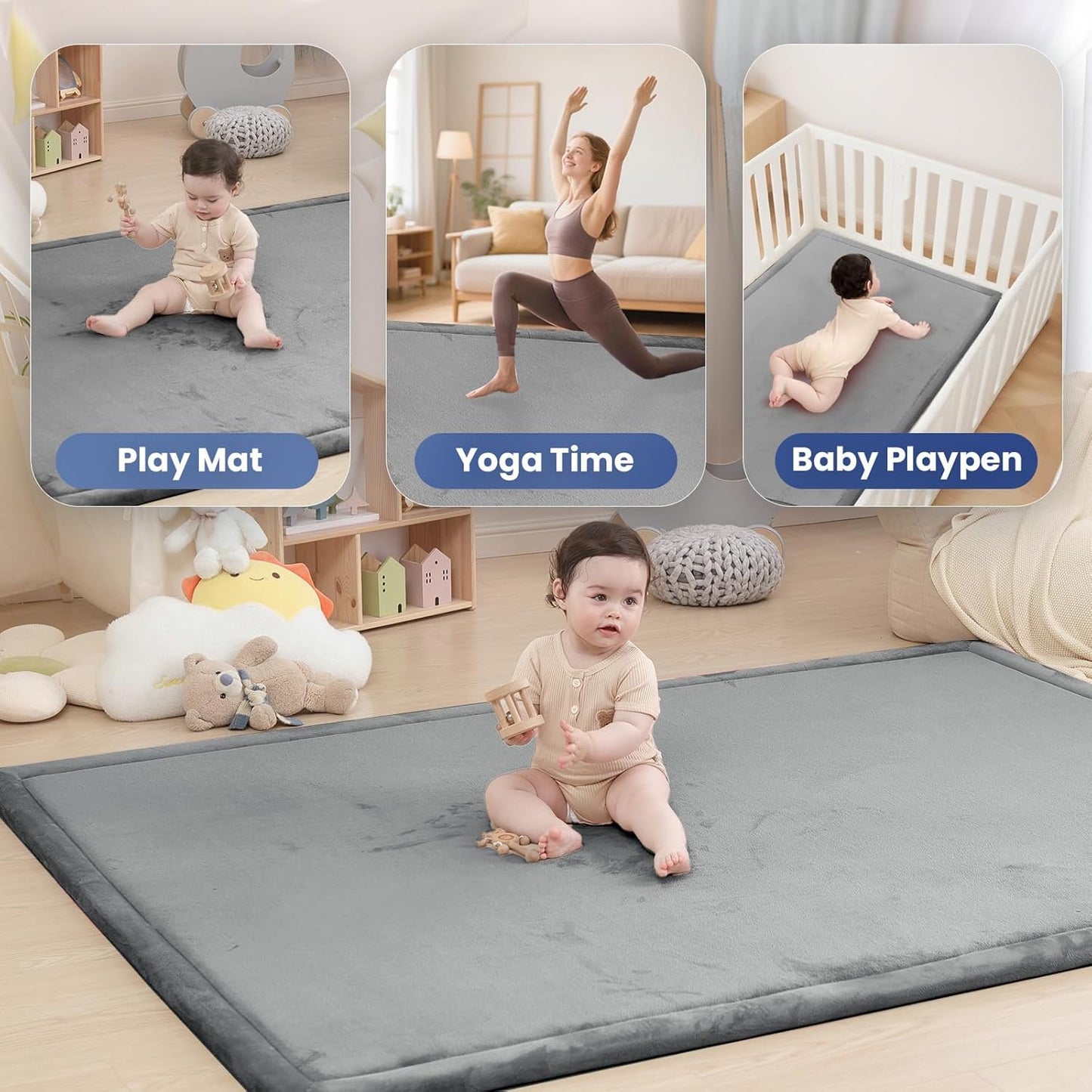 Baby Play Mat for Floor,1.3" Thick Elasti-Foam 74×50 Playpen Mat for Toddlers Infant kids,Water-Repellent Soft Coral Velvet for Tummy Time, Non-Slip Backing for Crawling,Tatami Style(Dark Grey)