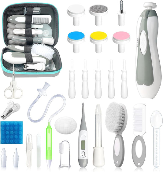 Baby Healthcare and Grooming Kit, 28 in 1 Portable Baby Essentials Kit Electric Nail Trimmer Set with Gas Relief Hair Brush Comb Nasal Aspirator for Newborn Boys Girls (Grey White)