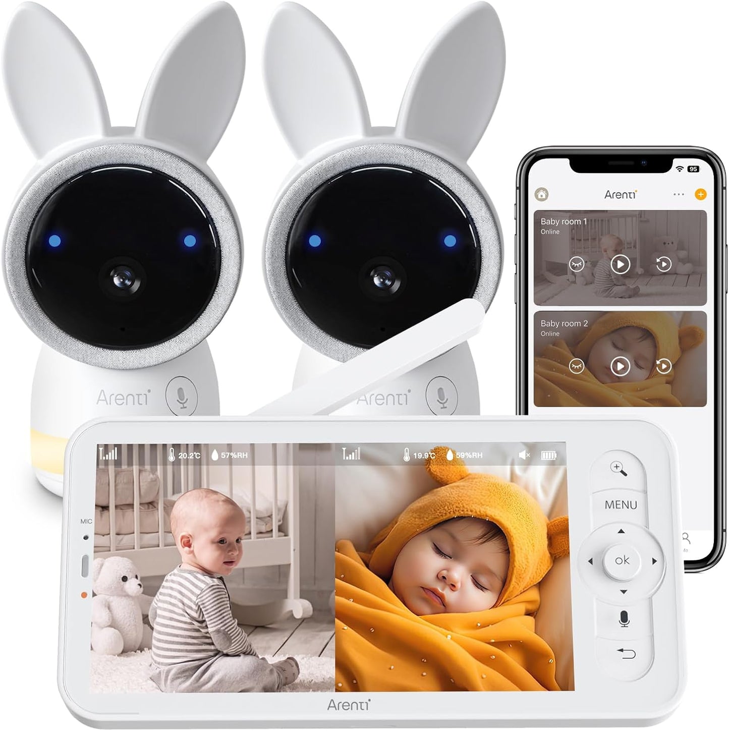 ARENTI Baby Monitor with 2 Cameras, 2K Smart Baby Camera with 5'' Upgraded Wireless Display, Super Night Vision, Breathing Light, Lullabies, Cry&Motion Detection, Temp&Humidity Sensor, 2 Way Audio