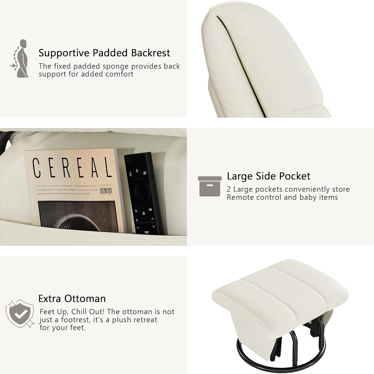 AODAILIHB Swivel Glider Recliner with Ottoman, 360 Rocking Chair with Foot Rest Recliner Chair Indoor Rocking Chair with Side Pockets Nursery Chairs for Living Room, Bedroom, Office (White)