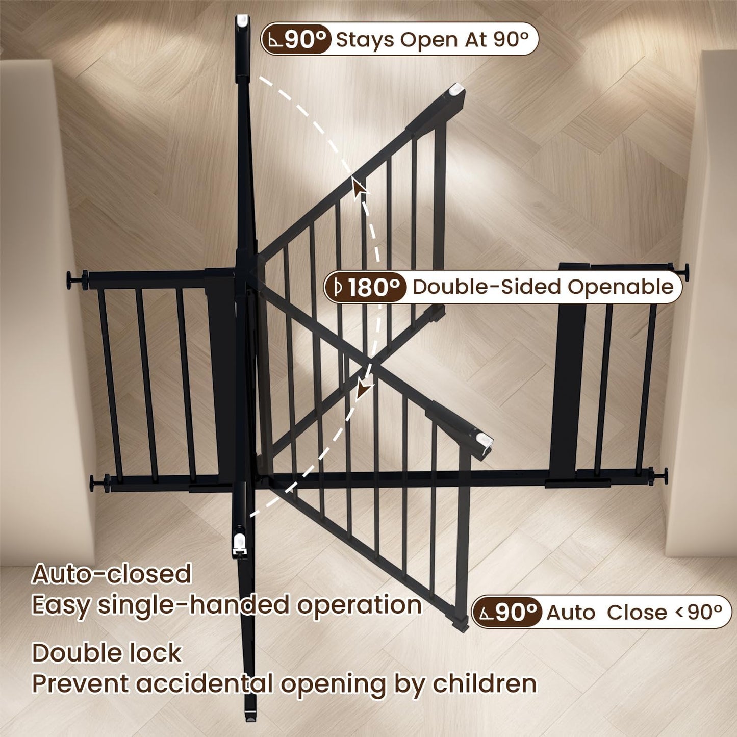 Baby Gate for Stairs - 29.6-46" Auto Close Dog Gate for Doorways, Extra Wide Child Gate Indoor, Walking Through Safety Gate for Kid, Pet Gates No Drilling Black, Mom's Choice Awards Winner