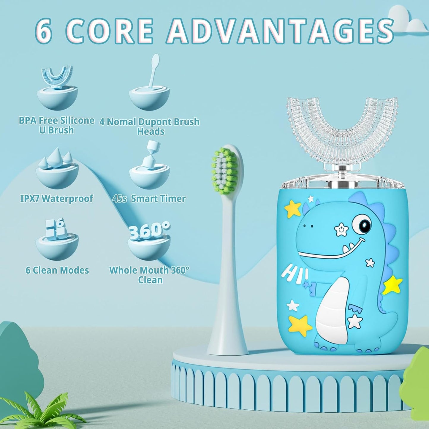 Kids Electric U Shaped Toothbrush,Kids Sonic Full Mouth Toothbrush with 4 Soft Brush Head Automatic Rechargeable 6 Cleaning Modes IPX7 Waterproof 360 Degree Cleaning - Age8-15 Blue